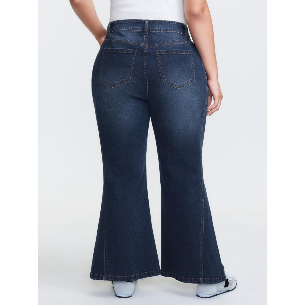 Plus Size Mid-Rise Flare Hem Jeans Women Denimindigo Timeless Topstitching Medium stretch Slanted pocket Jeans BloomChic 10/M Product Image