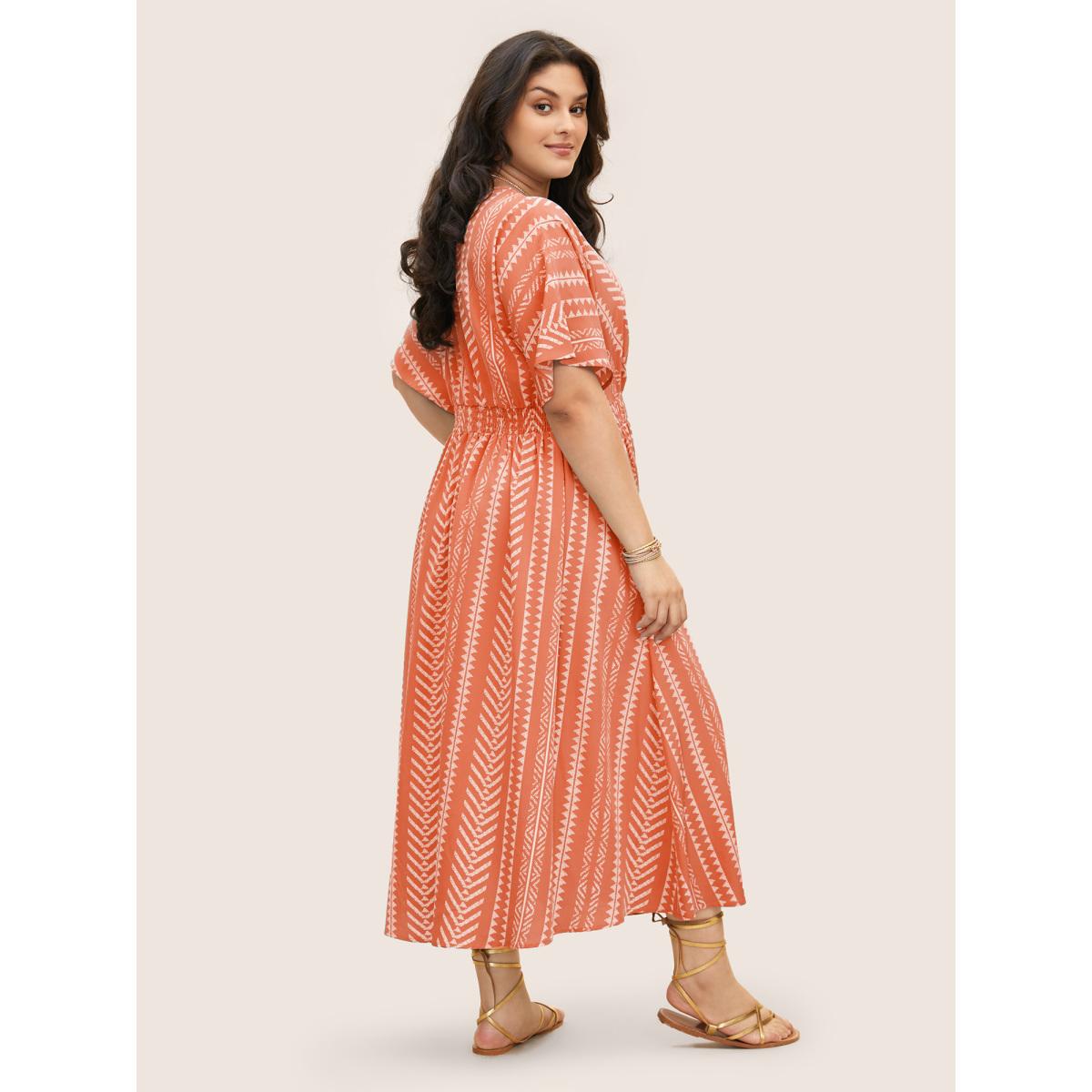 Plus Size Solid Geometric Dolman Sleeve Pocket Shirred Split Hem Dress Salmon Women Boho Non V-neck Half Sleeve Curvy Long Dress BloomChic 18-20/2X Product Image