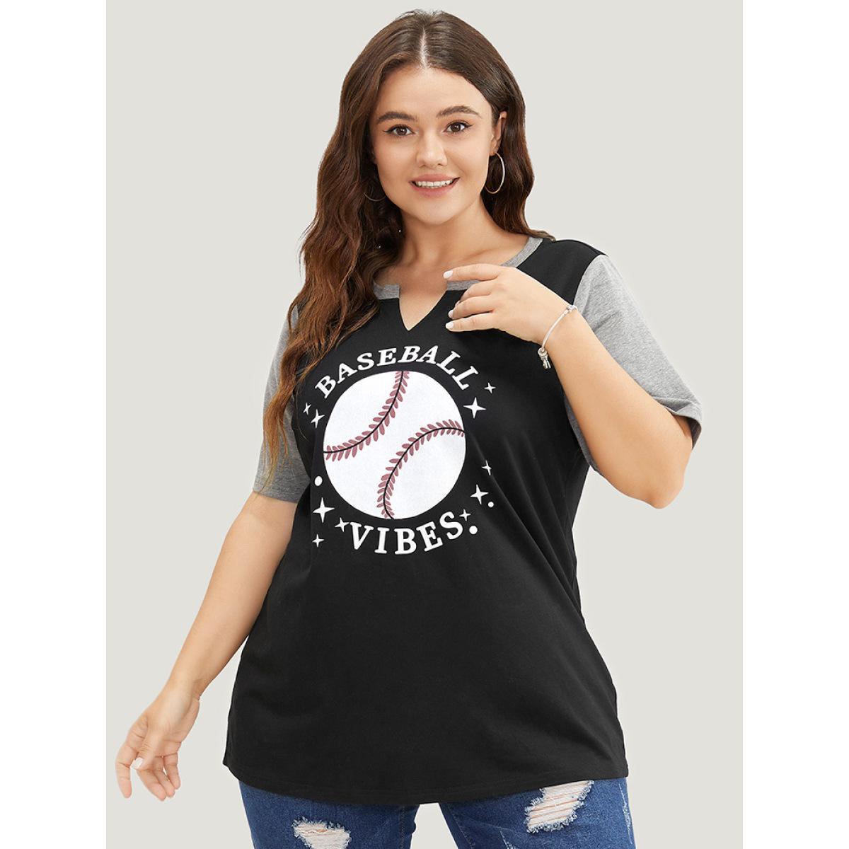 Plus Size Letter & Leaf Print Contrast Notched Neck T-shirt Black Women Casual Contrast Graphic Dailywear T-shirts BloomChic 22-24/3X Product Image