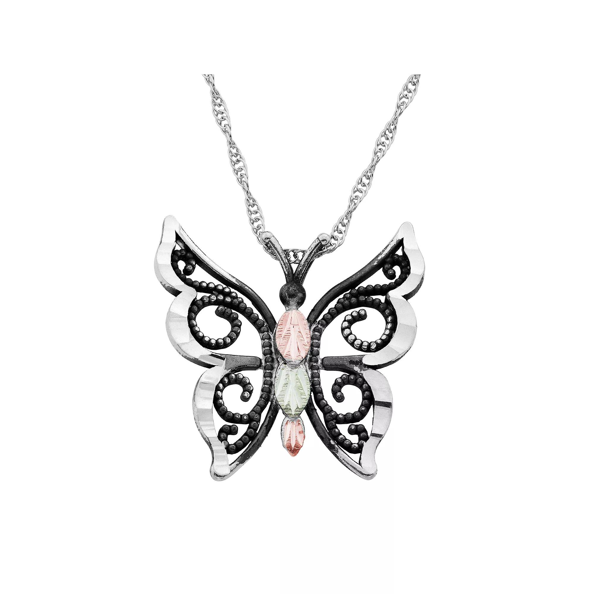 Black Hills Gold Tri-Tone Butterfly Pendant Necklace in Sterling Silver, Women's, Size: 18", 10k Gold Product Image