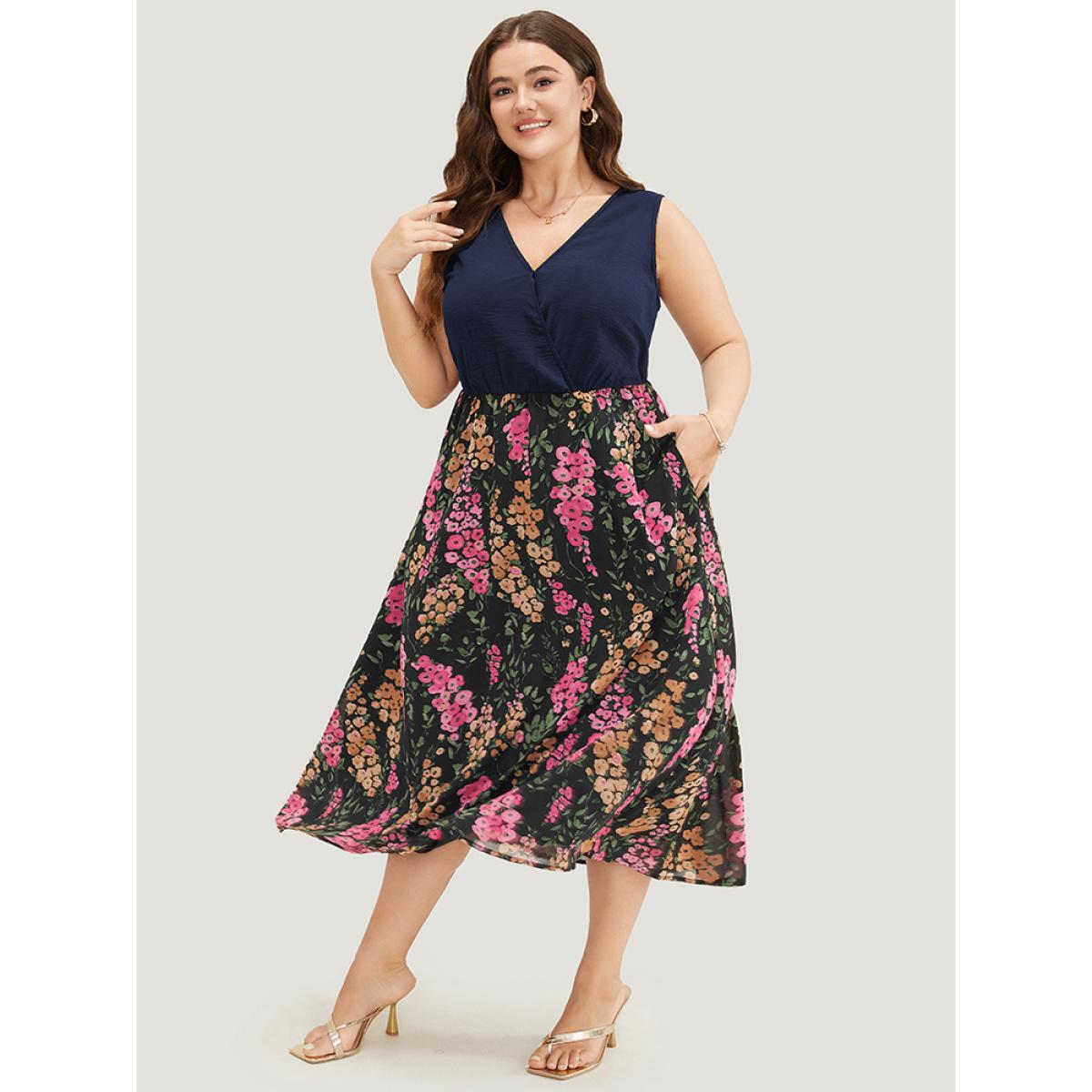 Plus Size Floral Patchwork Pocket Flutter Hem Wrap Tank Dress DarkBlue Women Vacation Wrap V-neck Sleeveless Curvy Midi Dress BloomChic 14-16/1X Product Image