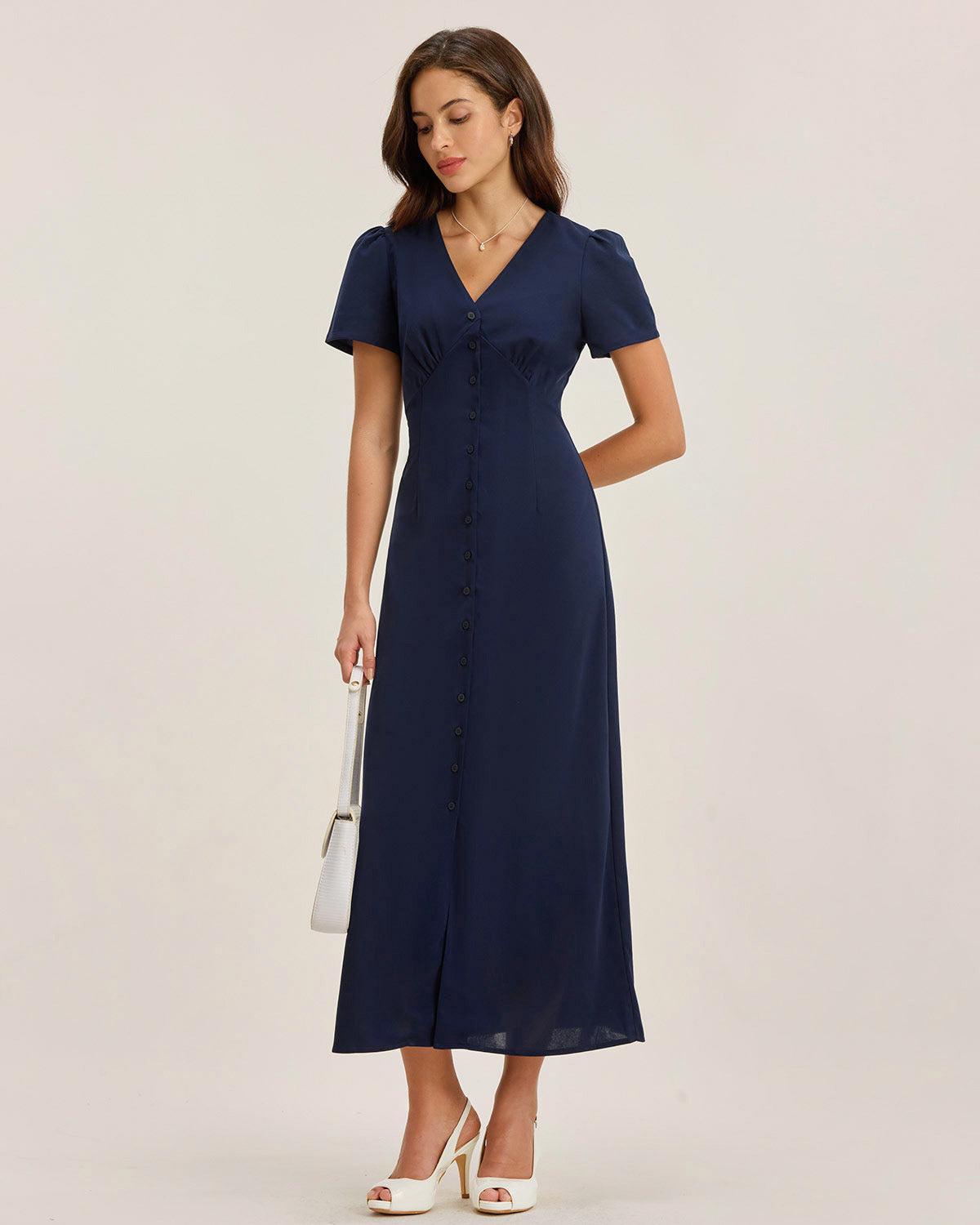 Blue V Neck Button Pleated Midi Dress Product Image