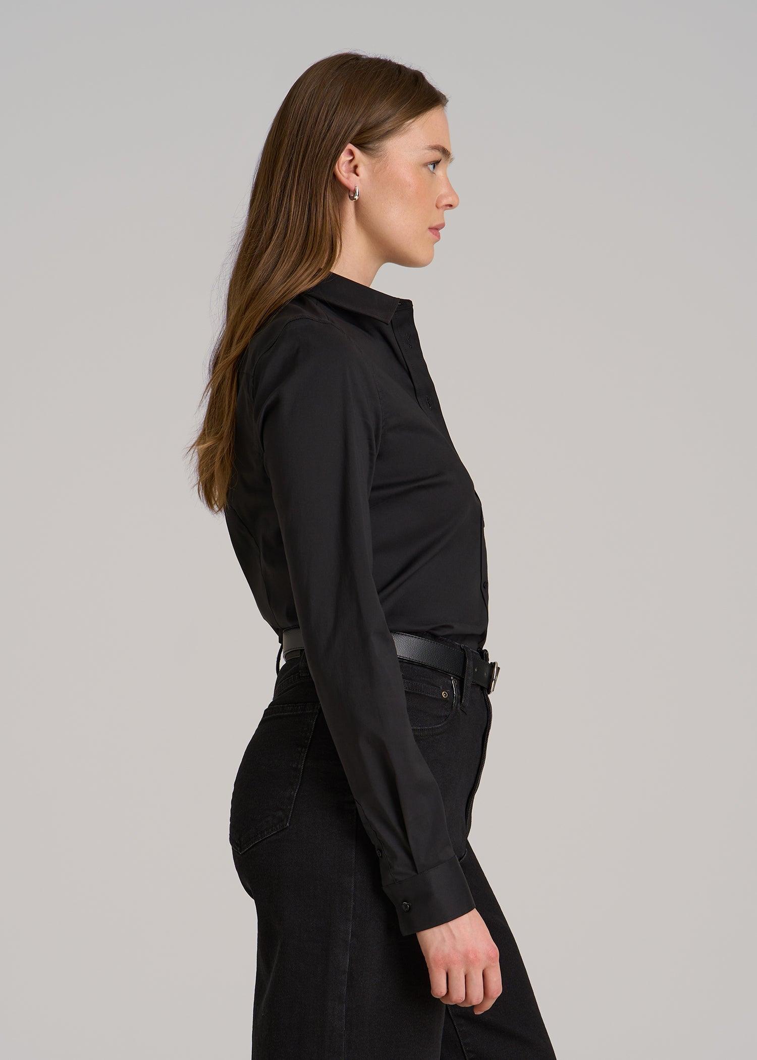 Button-Up Dress Shirt for Tall Women in Black Female Product Image