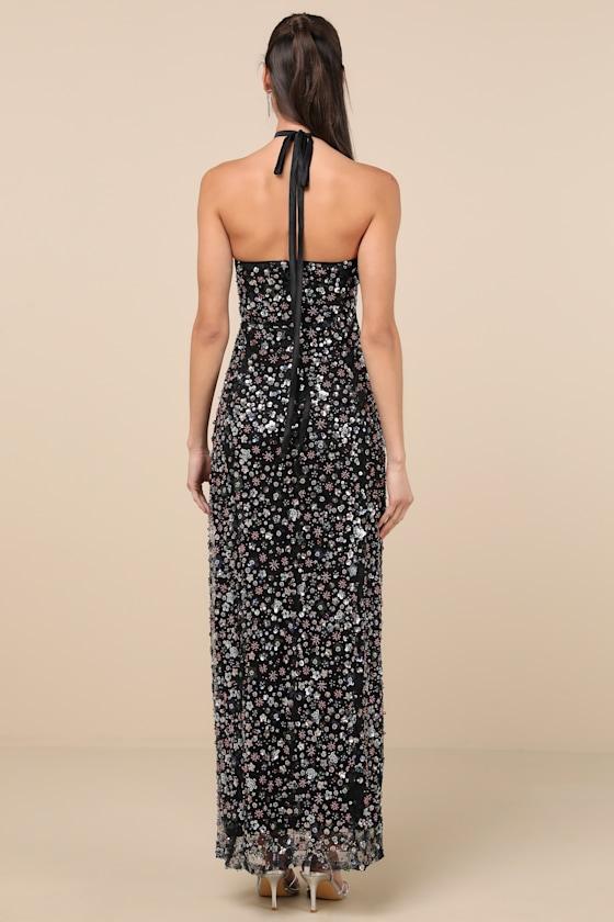 Edalene Black Mesh Sequin Beaded Halter Maxi Dress Product Image