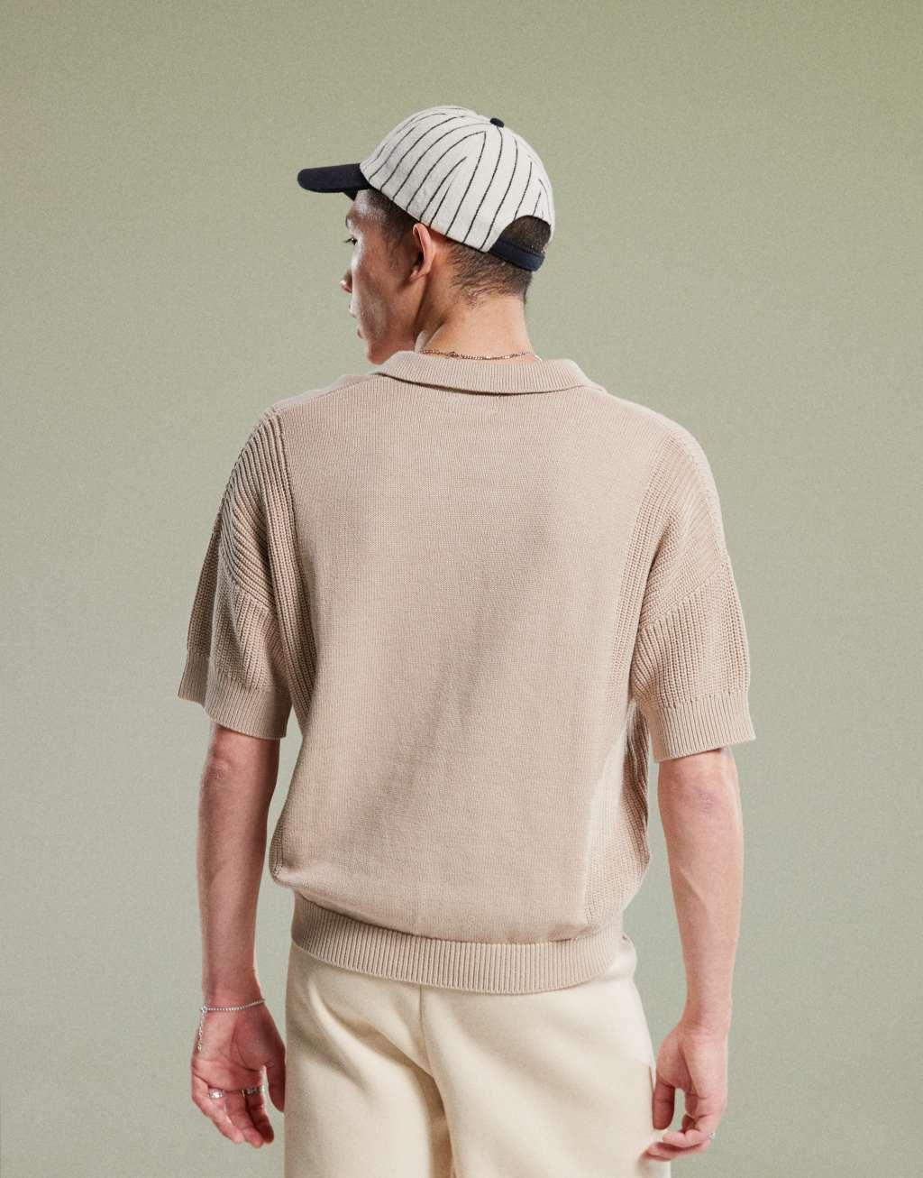 ASOS DESIGN relaxed boxy fit knit notch neck polo in stone Product Image