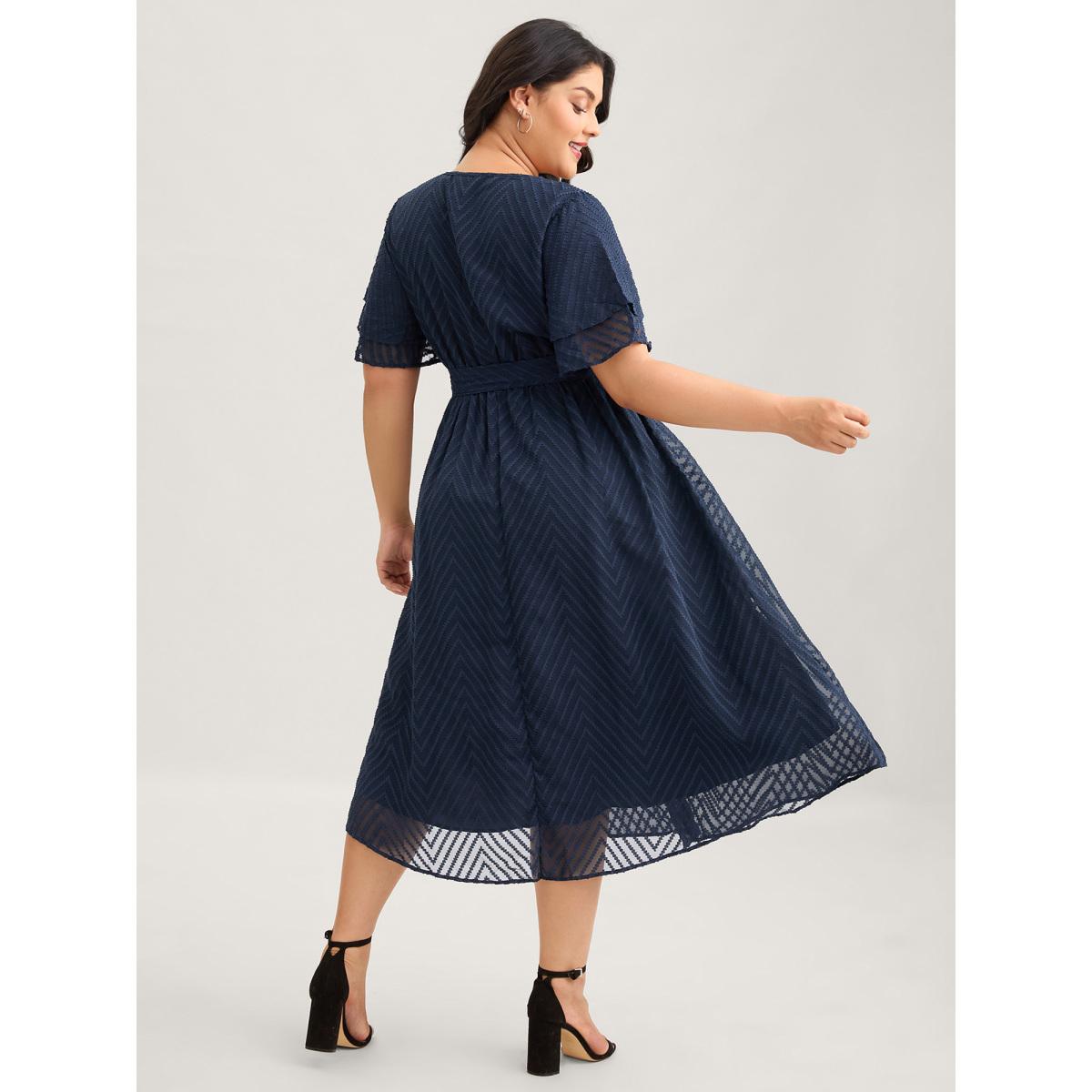 Plus Size Texture Tiered Ruffle Sleeve See Through Dress Navy Women Romantic Texture V-neck Half Sleeve Curvy BloomChic 28/5X Product Image