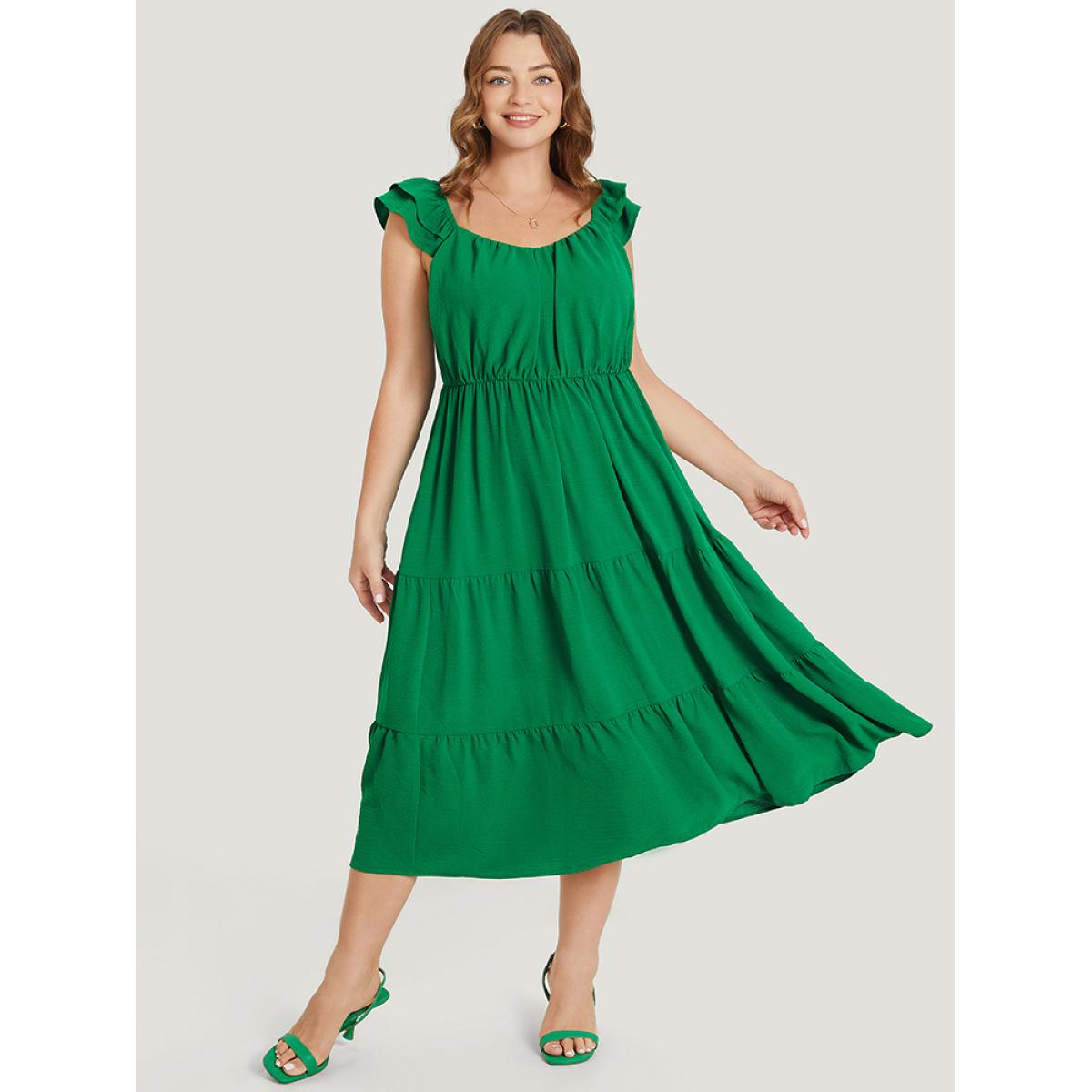 Plus Size Plain Ruffle Tiered Pocket Elastic Waist Cami Dress Green Women Elegant Gathered V-neck Sleeveless Curvy Midi Dress BloomChic 18-20/2X Product Image