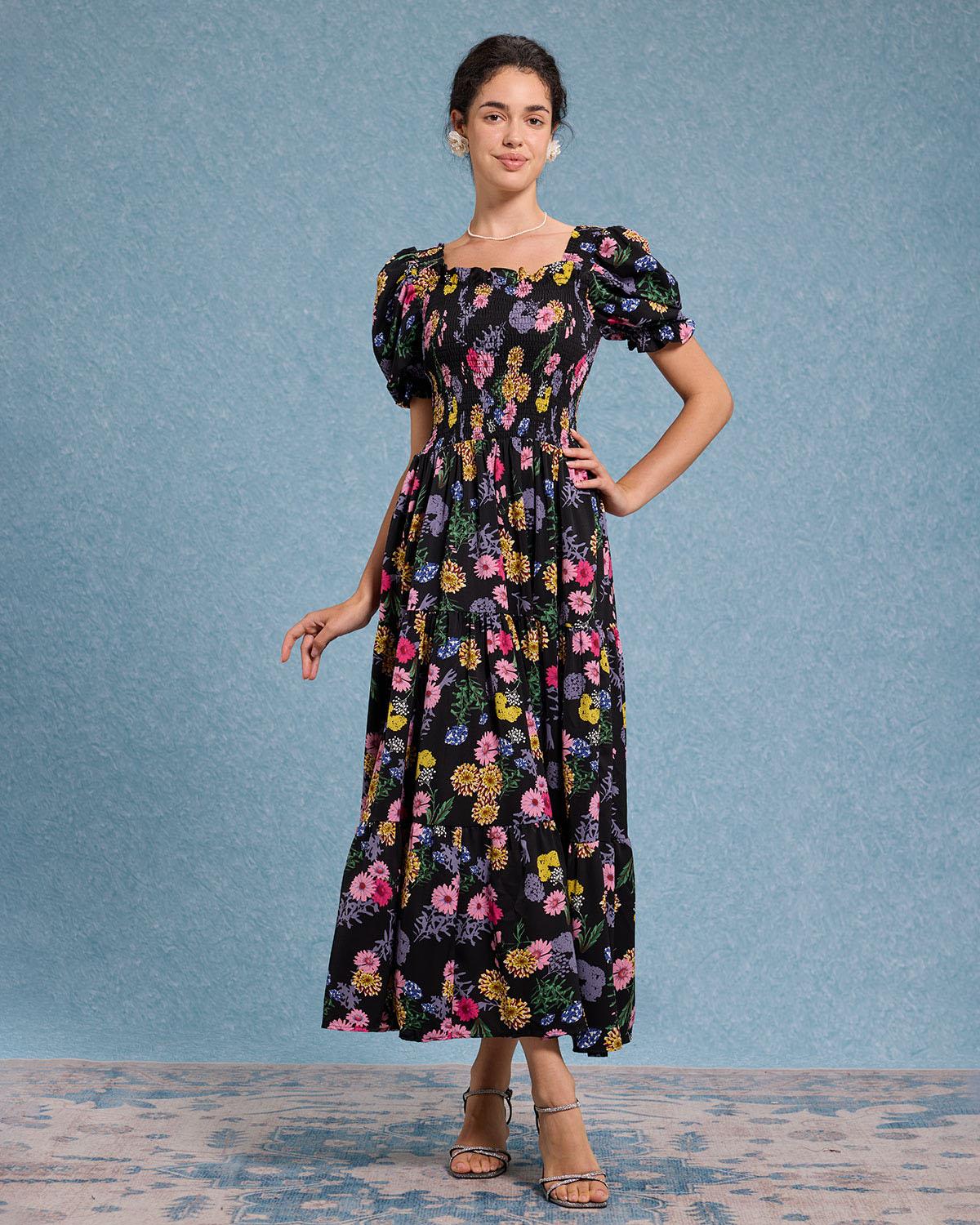 Black Floral Square Neck Shirred Maxi Dress Product Image