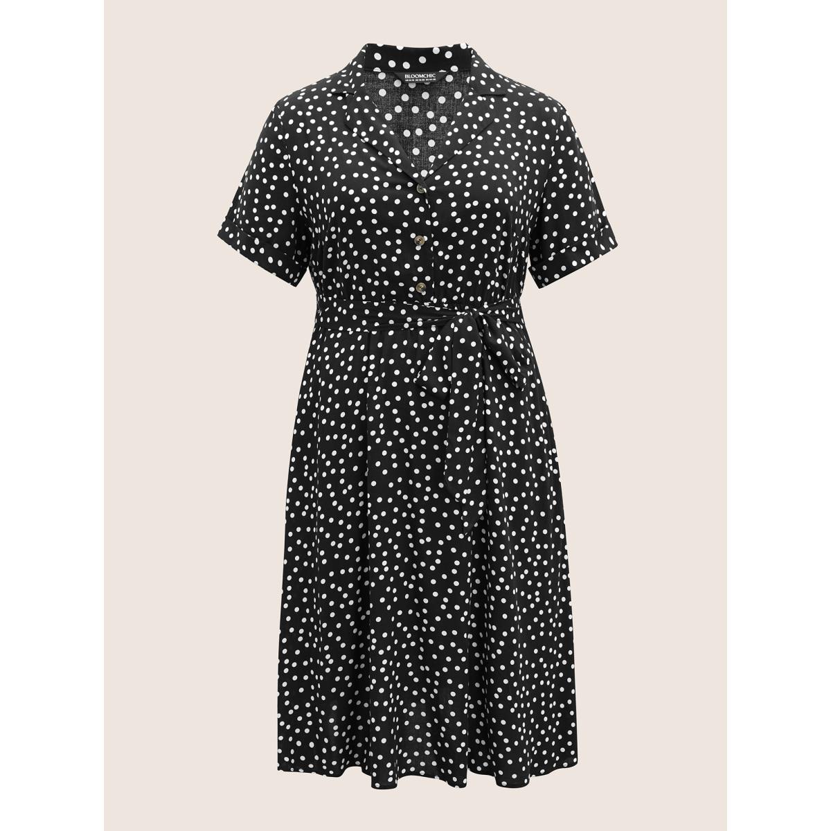 Plus Size Polka Dot Suit Collar Cuffed Sleeve Dress Black Women Workwear Essentials Belted Suit Collar Short sleeve Curvy BloomChic 14-16/1X Product Image