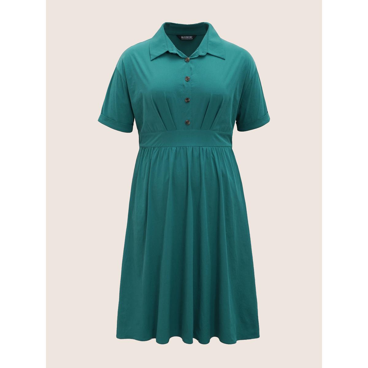 Plus Size Shirt Collar Pleated Button Detail Gathered Midi Dress Cyan Women Work From Home Gathered Shirt collar Short sleeve Curvy BloomChic 10/M Product Image