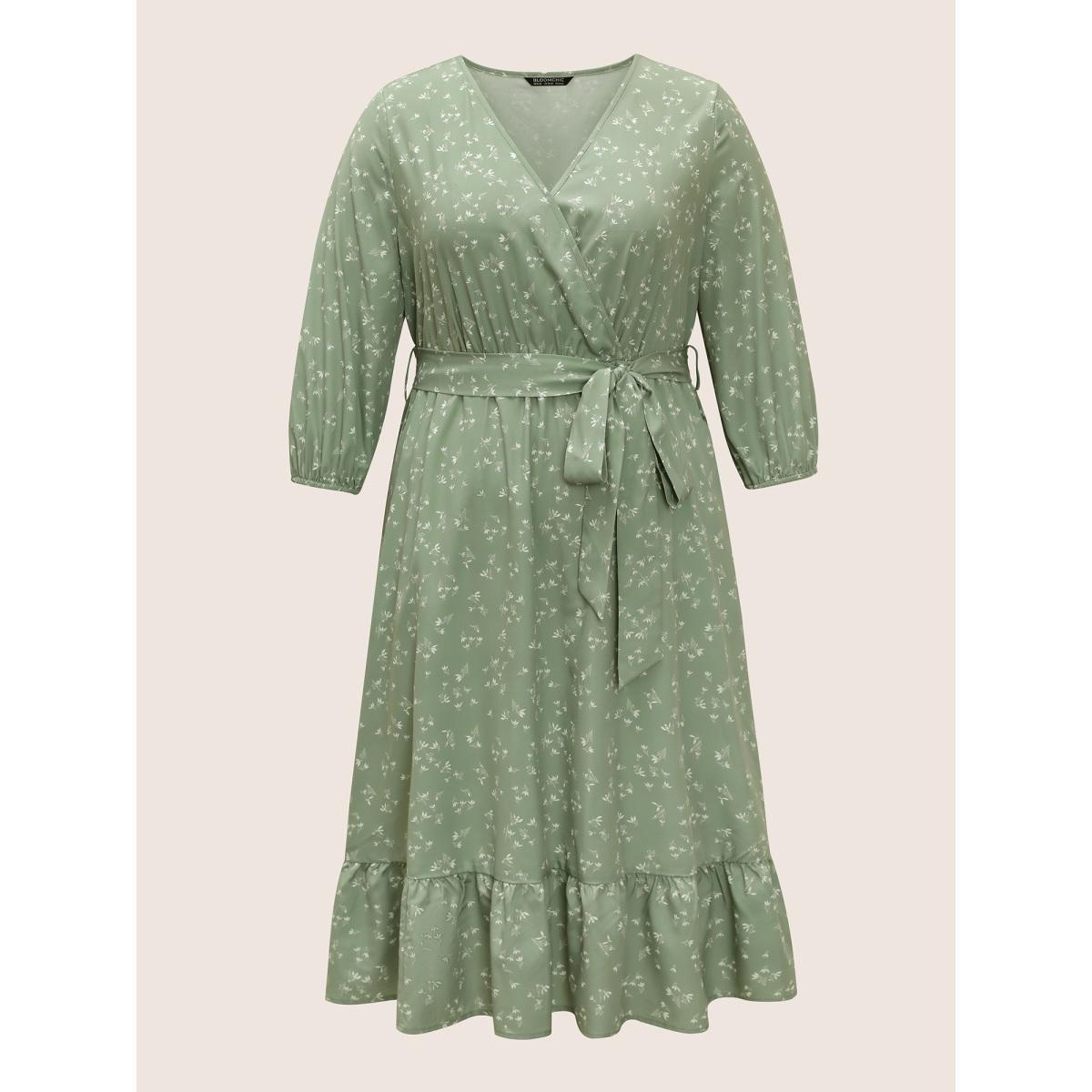 Plus Size Ditsy Floral Belted Surplice Neck Gathered Dress Mint Women Elegant Non Overlap Collar Elbow-length sleeve Curvy Midi Dress BloomChic 14-16/1X Product Image