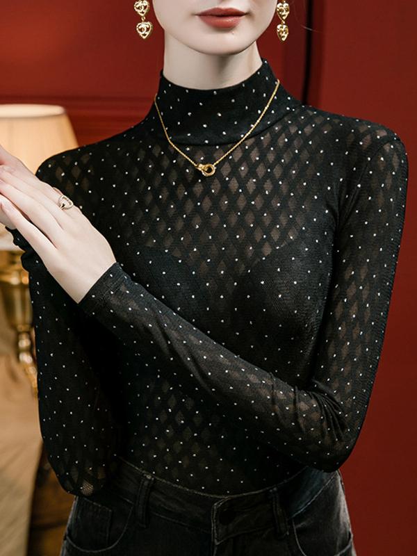 Long Sleeves Plus Size Rhine Stones See-Through Split-Joint Mock Neck T-Shirts Tops Product Image