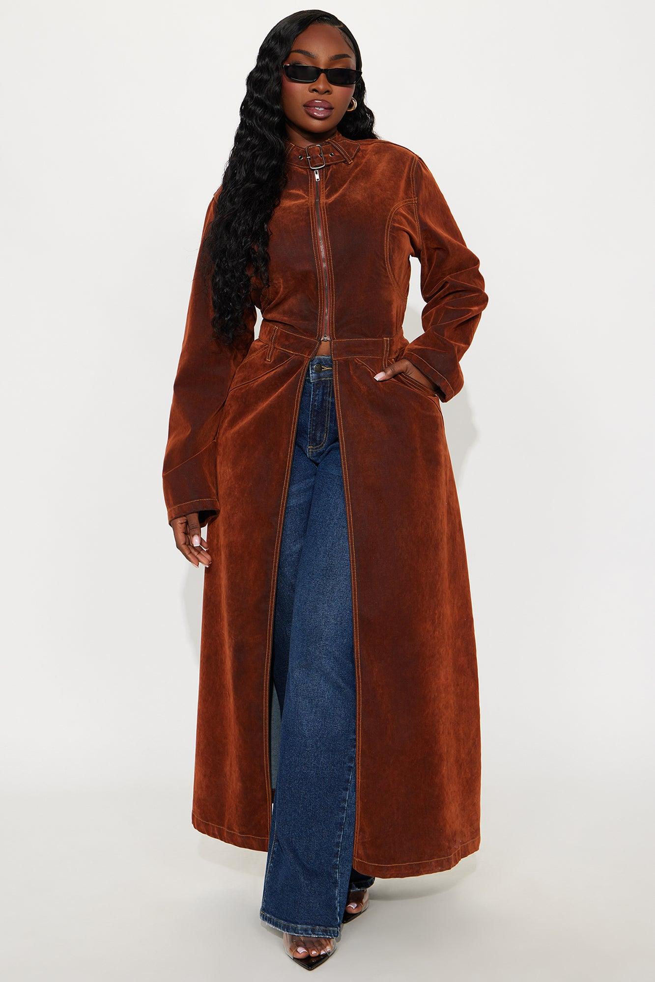 Take A Chance Flocked Denim Trench - Brown Female Product Image