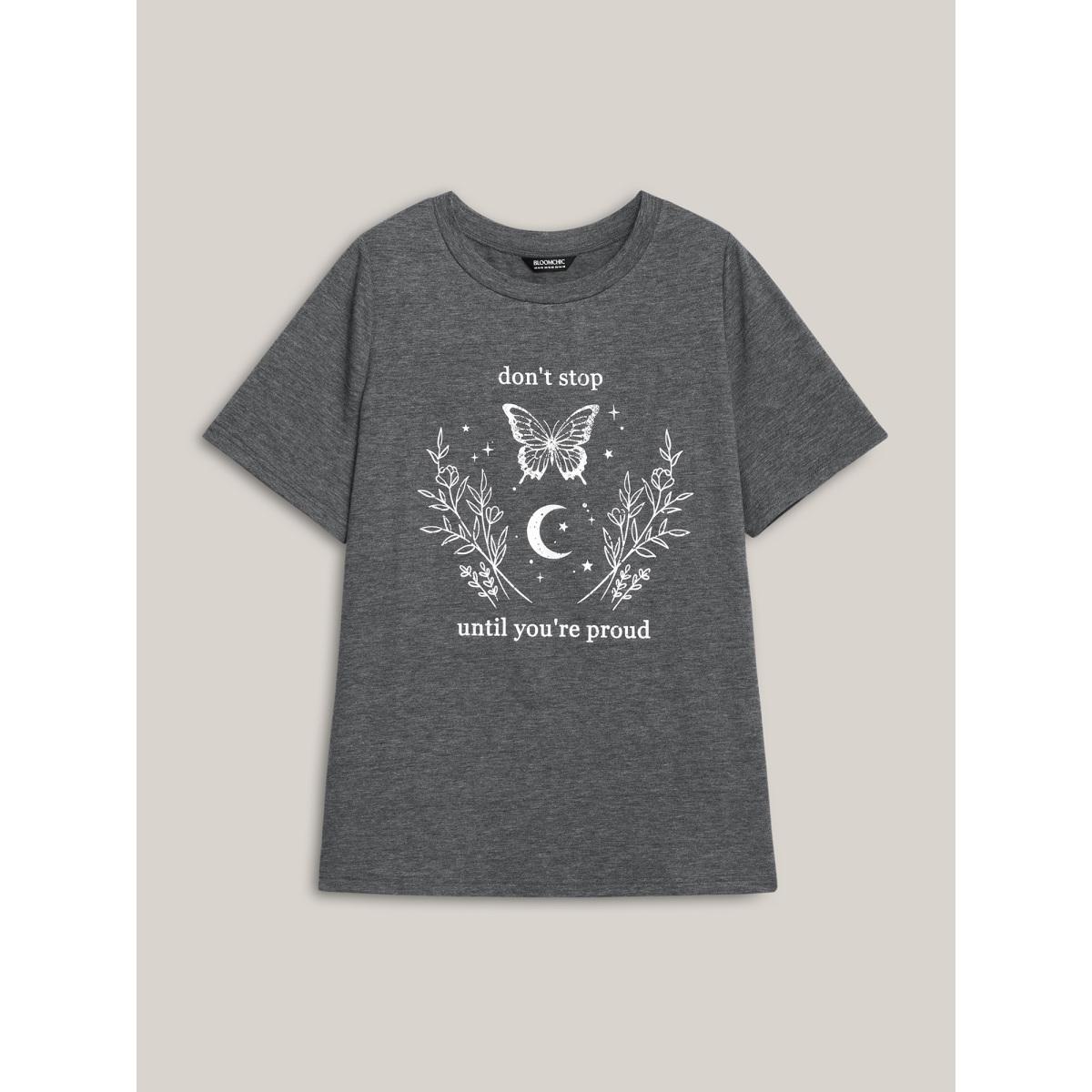 Plus Size Positive Vibes Print Crew Neck T-Shirt DimGray Women Casual Non Butterfly Round Neck Everyday T-shirts BloomChic 12/L Product Image