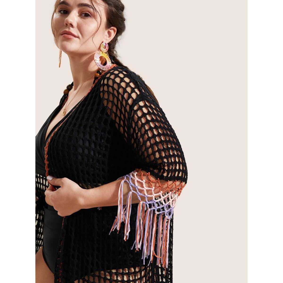 Plus Size Crochet Cut Out Tassels Trim Swim Cover Up Women's Swimwear Black Beach Loose Crochet Curve Swim Cover Ups BloomChic 26/4X Product Image