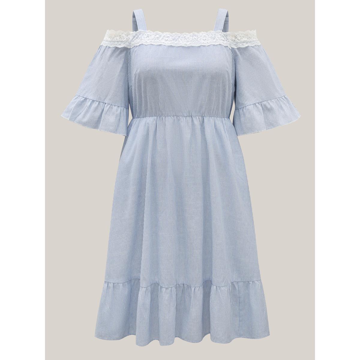 Plus Size Striped Cold Shoulder Lace Midi Dress LightBlue Women One-shoulder neck Short sleeve Curvy BloomChic 14-16/1X Product Image