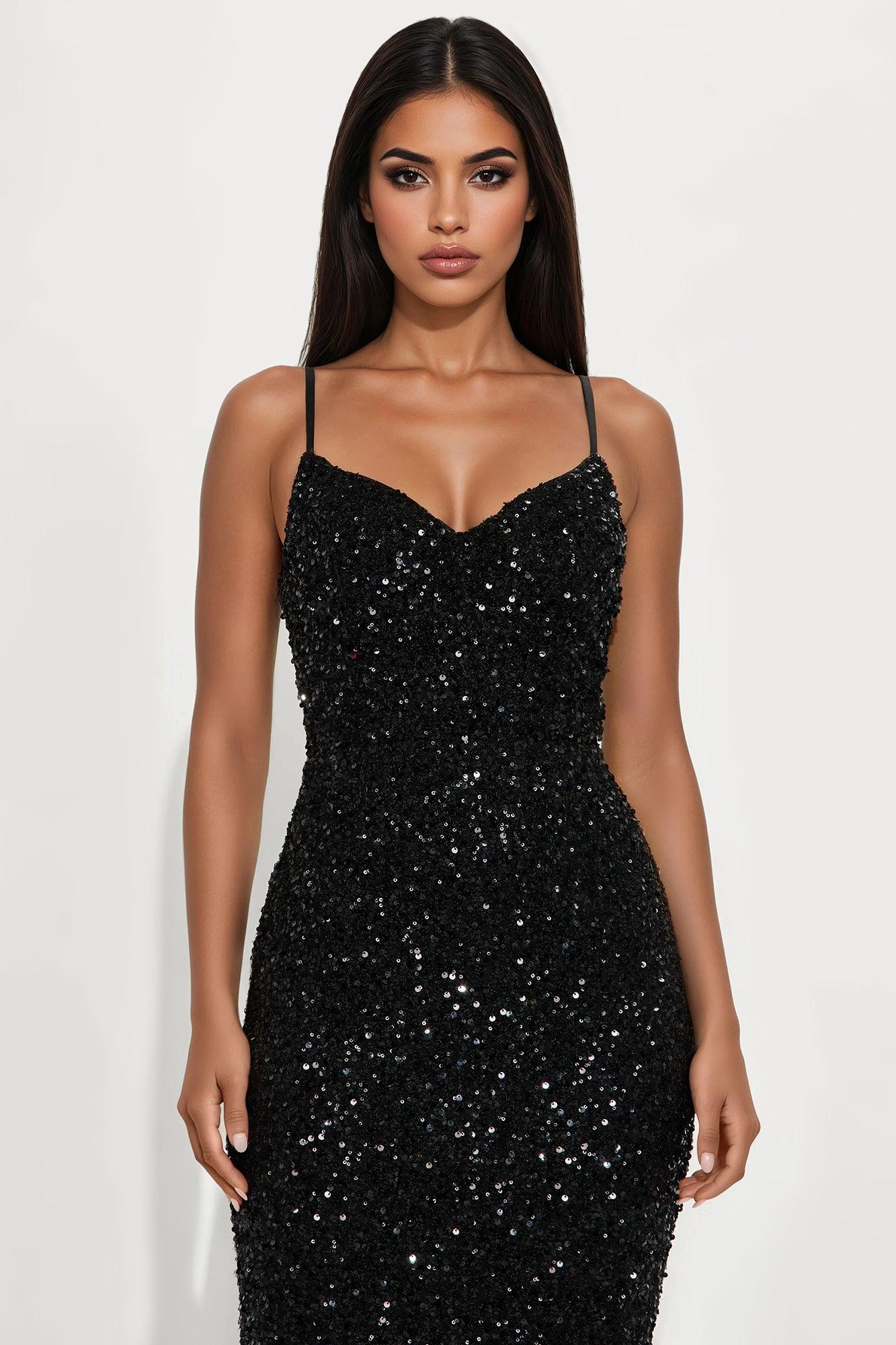 Focus Sequin Maxi Gown Dress - Black Female Product Image
