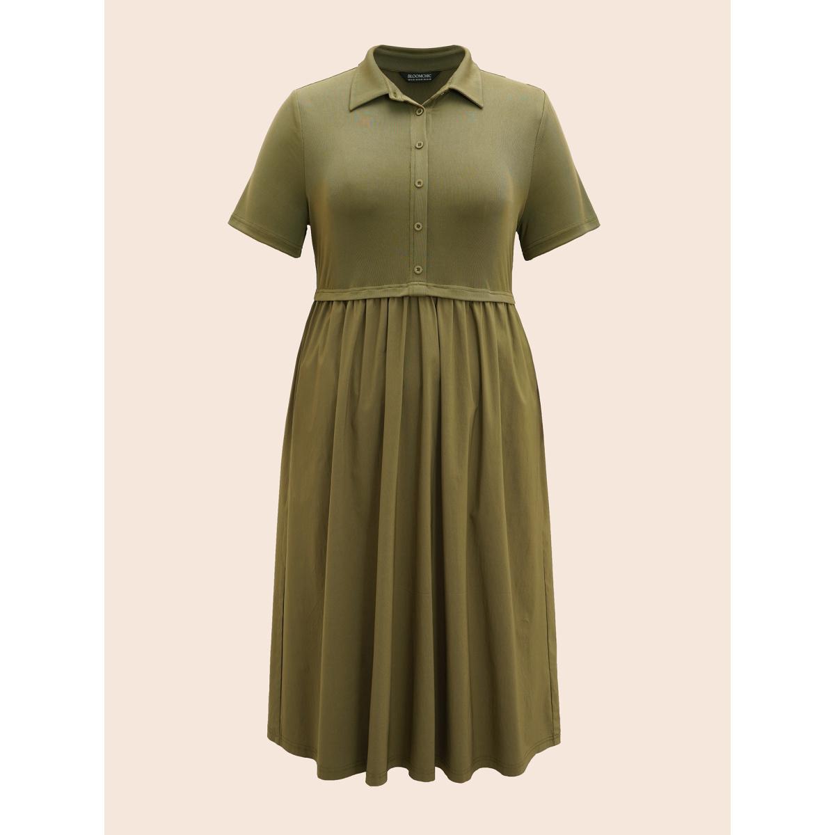 Plus Size Stretch Woven Waist-Cinching Midi Dress Olive Women Work From Home Patchwork Shirt collar Short sleeve Curvy BloomChic 18-20/2X Product Image