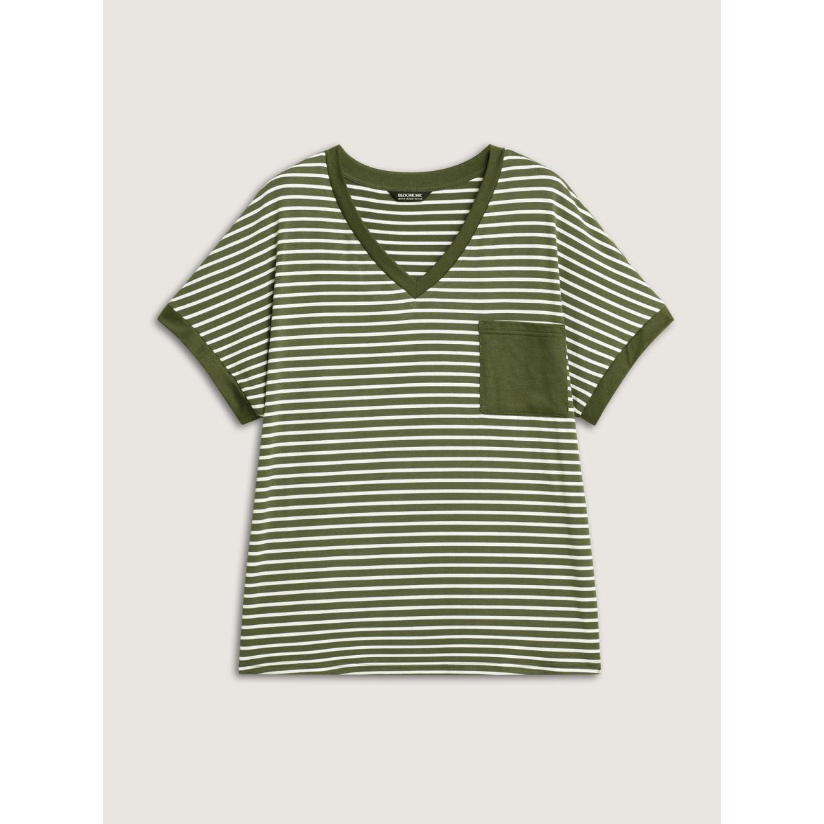 Plus Size Stripe Color Contrast Pockets T-Shirt ArmyGreen Women Contrast V-neck Everyday-Casual T-shirts BloomChic 22-24/3X Product Image