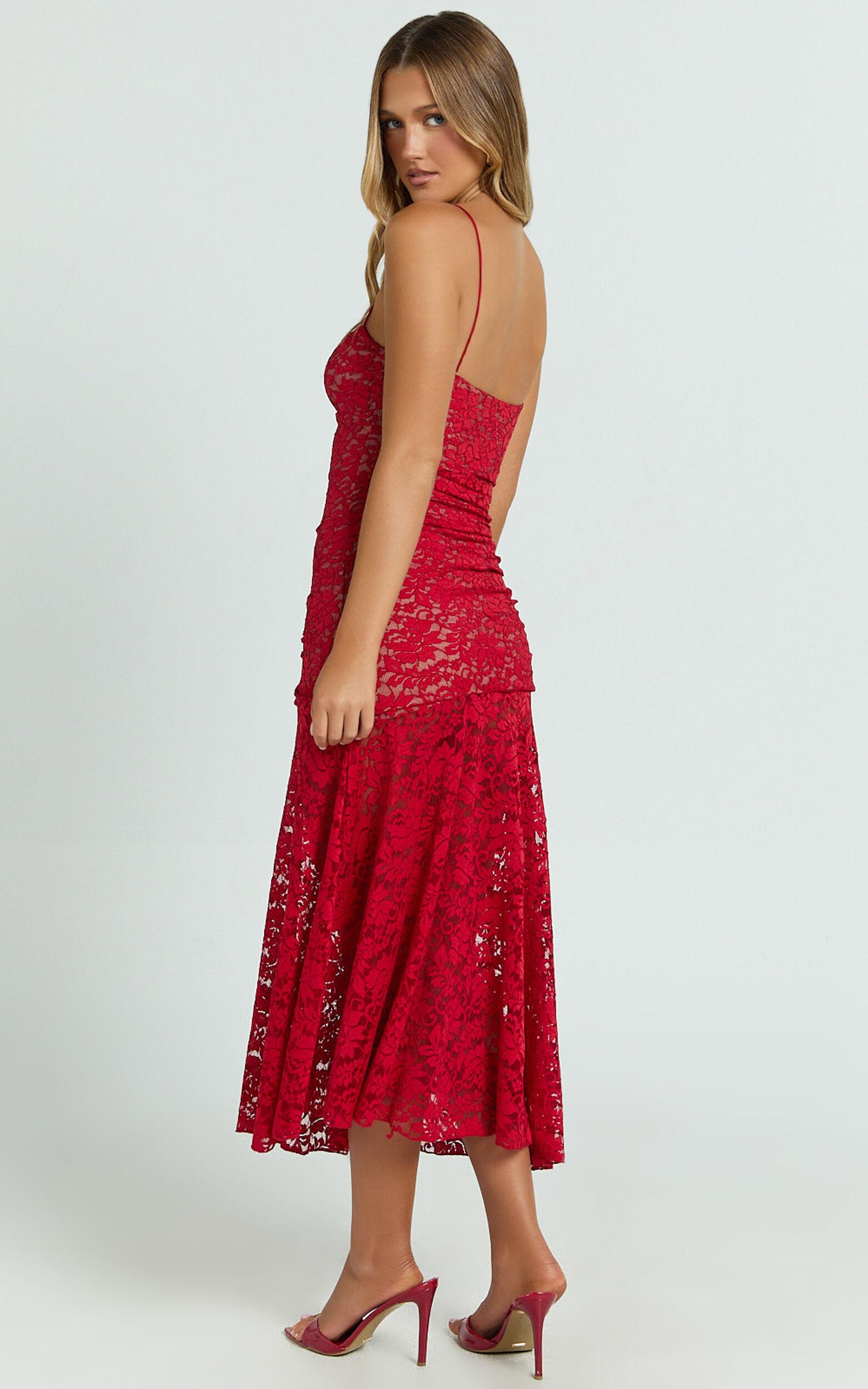 James Midi Dress - Ruched Stretch Lace Dress in Red Product Image