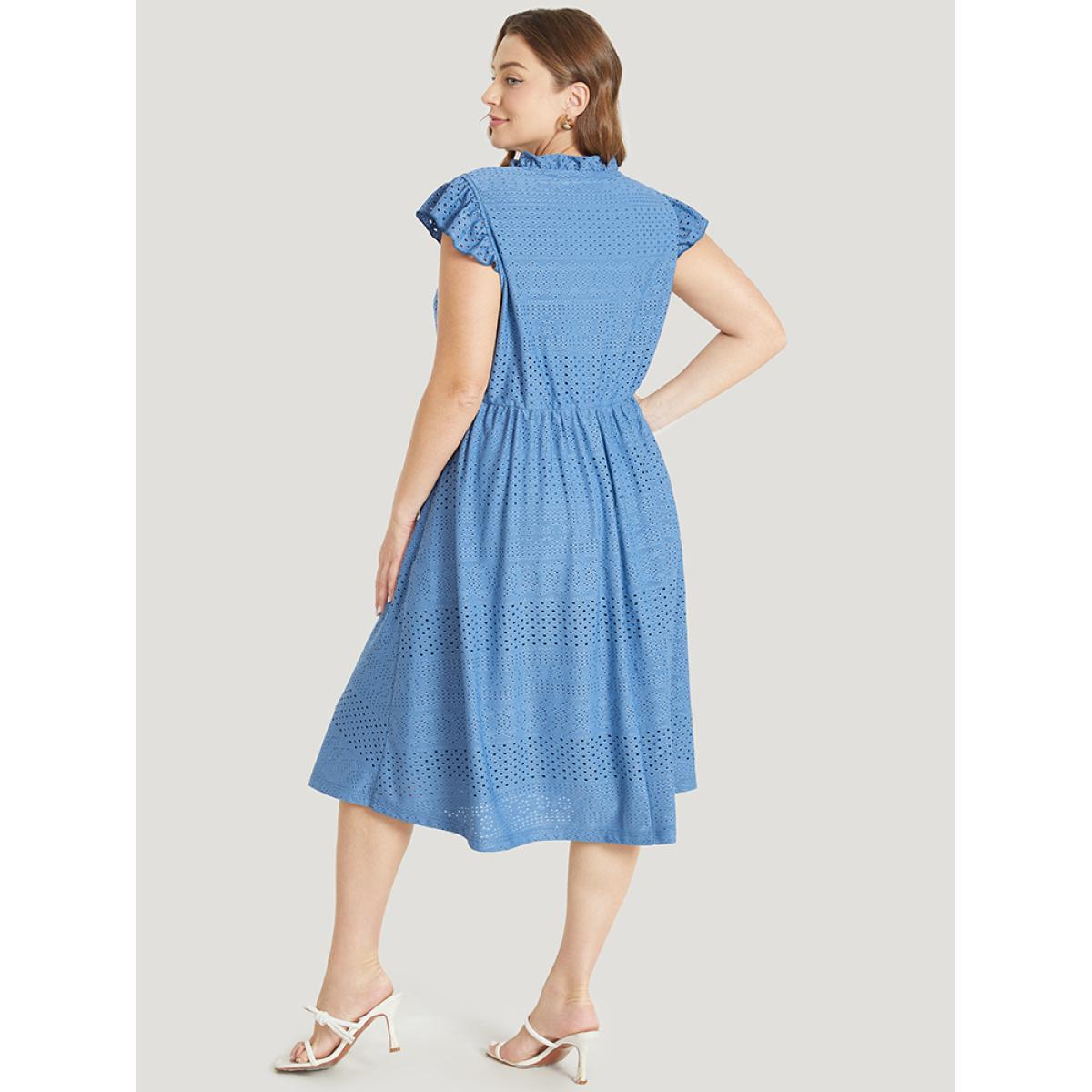 Plus Size Plain Pocket Ruffle Tie Neck Cap Sleeve Broderie Anglaise Dress Blue Women Elegant Lined Tie Neck Cap Sleeve Curvy Midi Dress BloomChic 18-20/2X Product Image