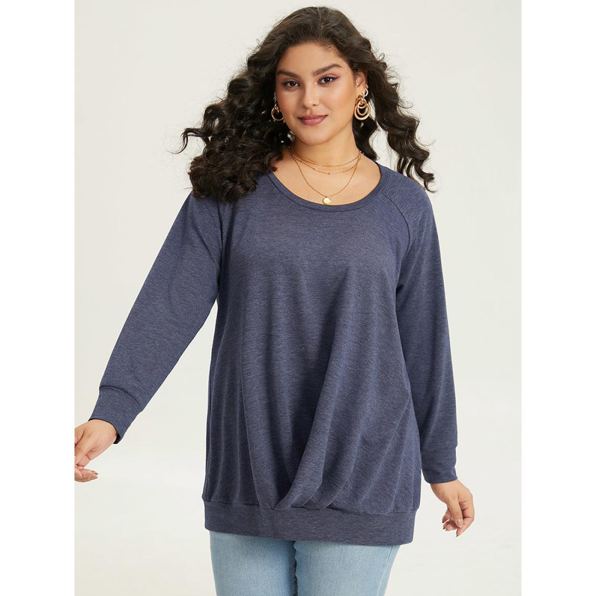 Plus Size Solid Plicated Detail Raglan Sleeve Sweatshirt Women DarkBlue Elegant Elastic cuffs Round Neck Dailywear Sweatshirts BloomChic 18-20/2X Product Image