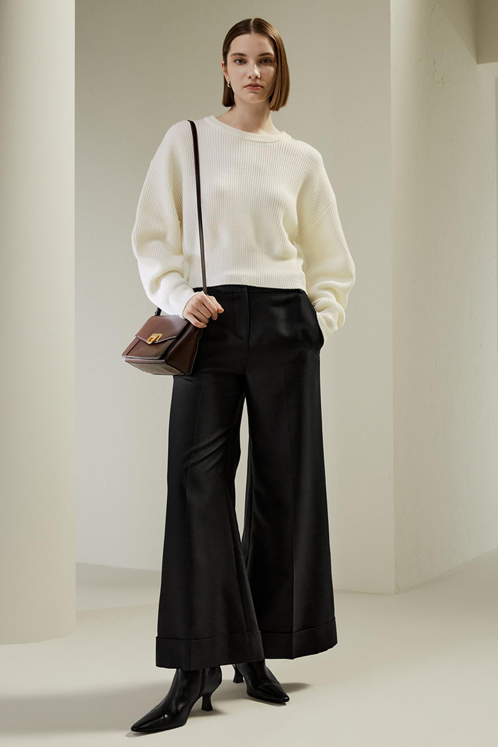 Round Neck Drop-Shoulder Merino Wool Sweater Product Image