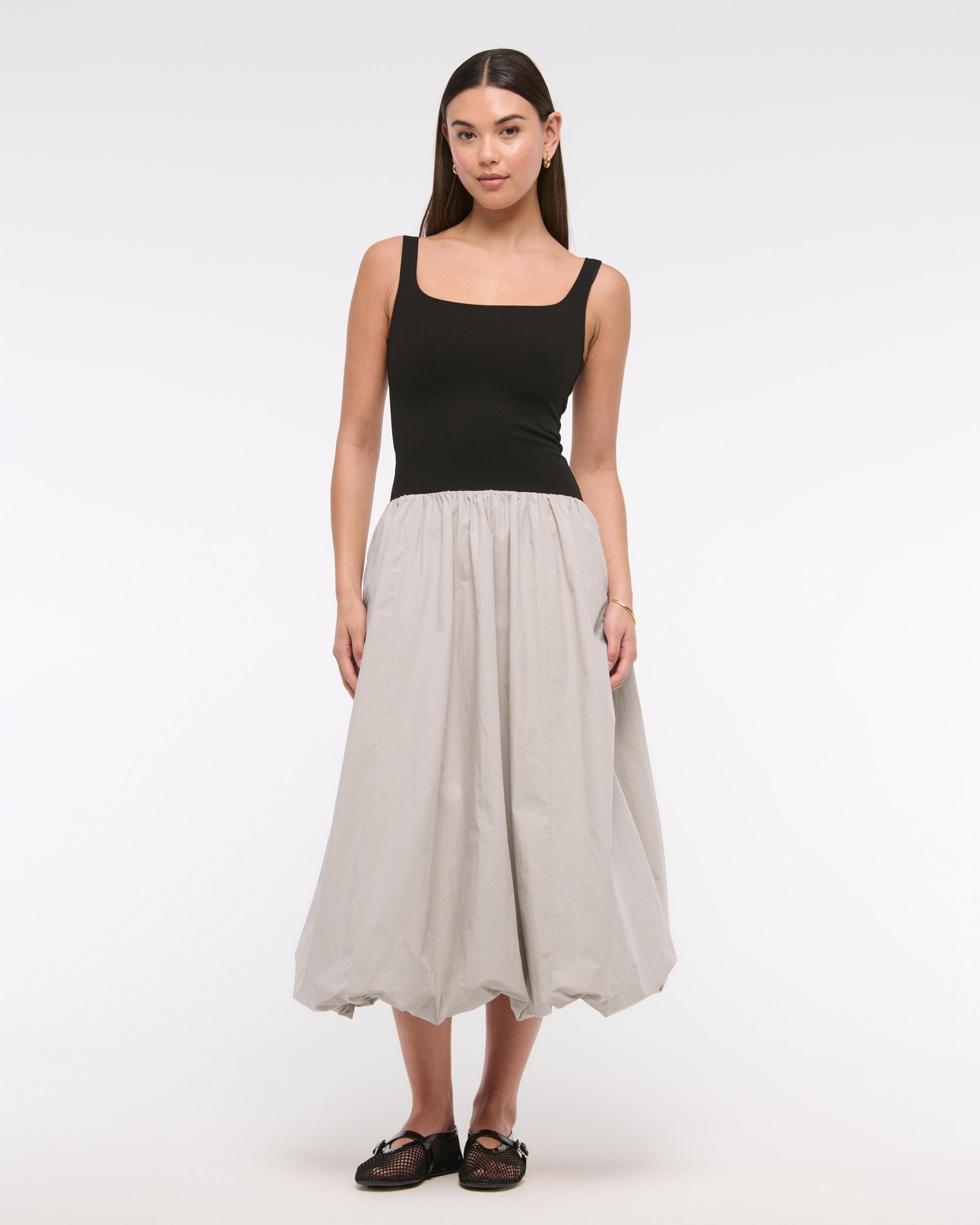 Mixed Fabric Bubble Hem Midi Dress Product Image