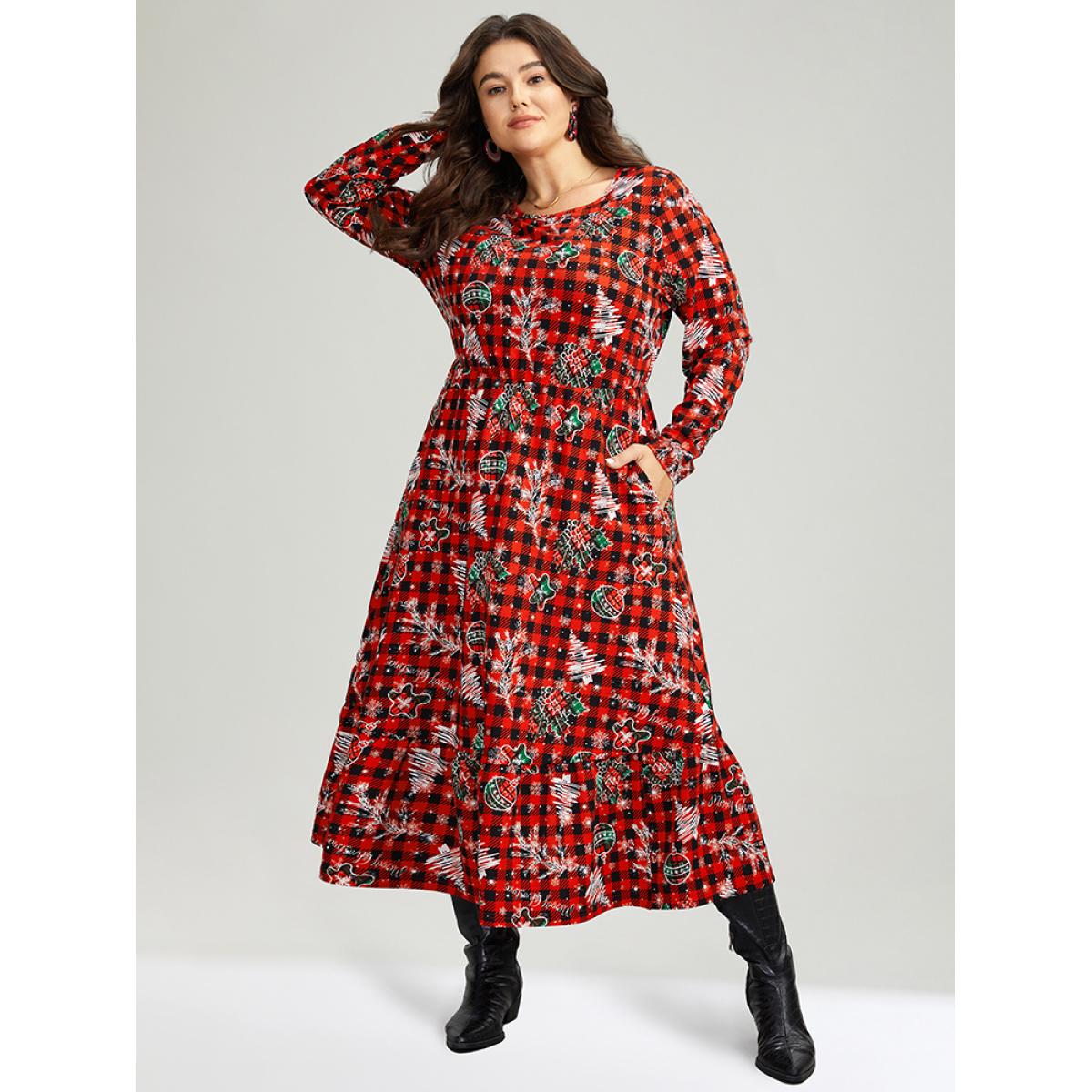 Plus Size Gingham Crew Neck Pocket Elastic Waist Dress Red Women Casual Printed Round Neck Long Sleeve Curvy Midi Dress BloomChic 10/M Product Image