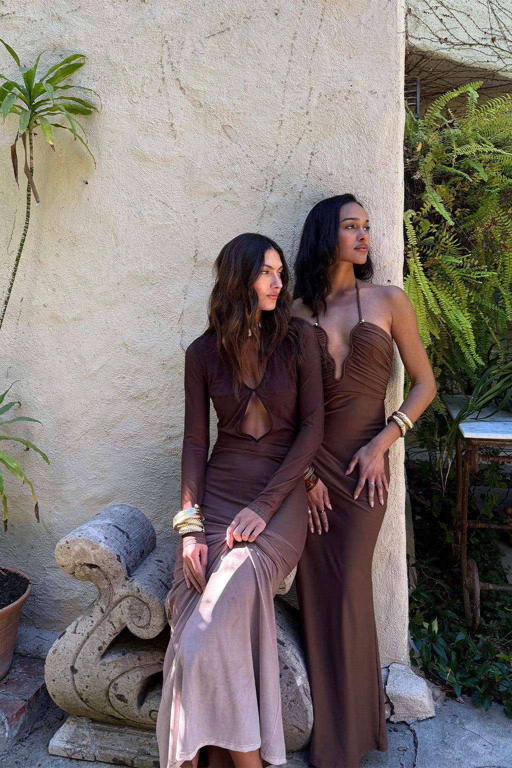 Salta Mocha Ombre Mesh Long Sleeve Maxi Dress Product Image