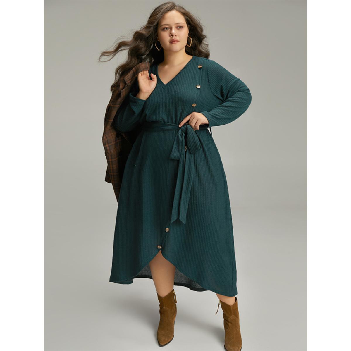 Plus Size Rib Knit Button Detail Belted Wrap Hem Dress Cyan Women Casual Texture V-neck Long Sleeve Curvy Midi Dress BloomChic 14-16/1X Product Image