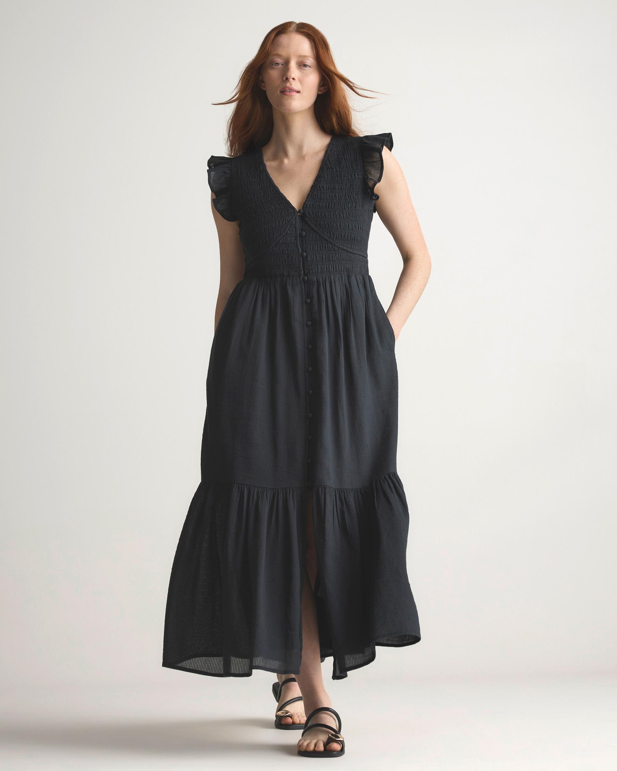Quince | Women's Organic Textured Cotton Smocked V-Neck Midi Dress Organic Cotton Product Image