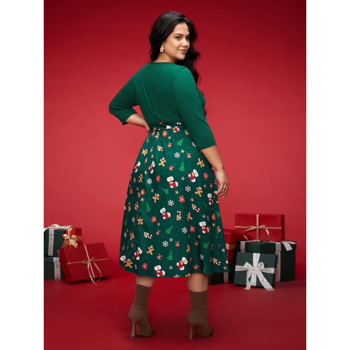 Plus Size Holiday Everything Printed Skirt Fit-and-Flare Midi Dress DarkGreen Women Elegant Belted Round Neck Elbow-length sleeve Curvy BloomChic 14-16/1X Product Image