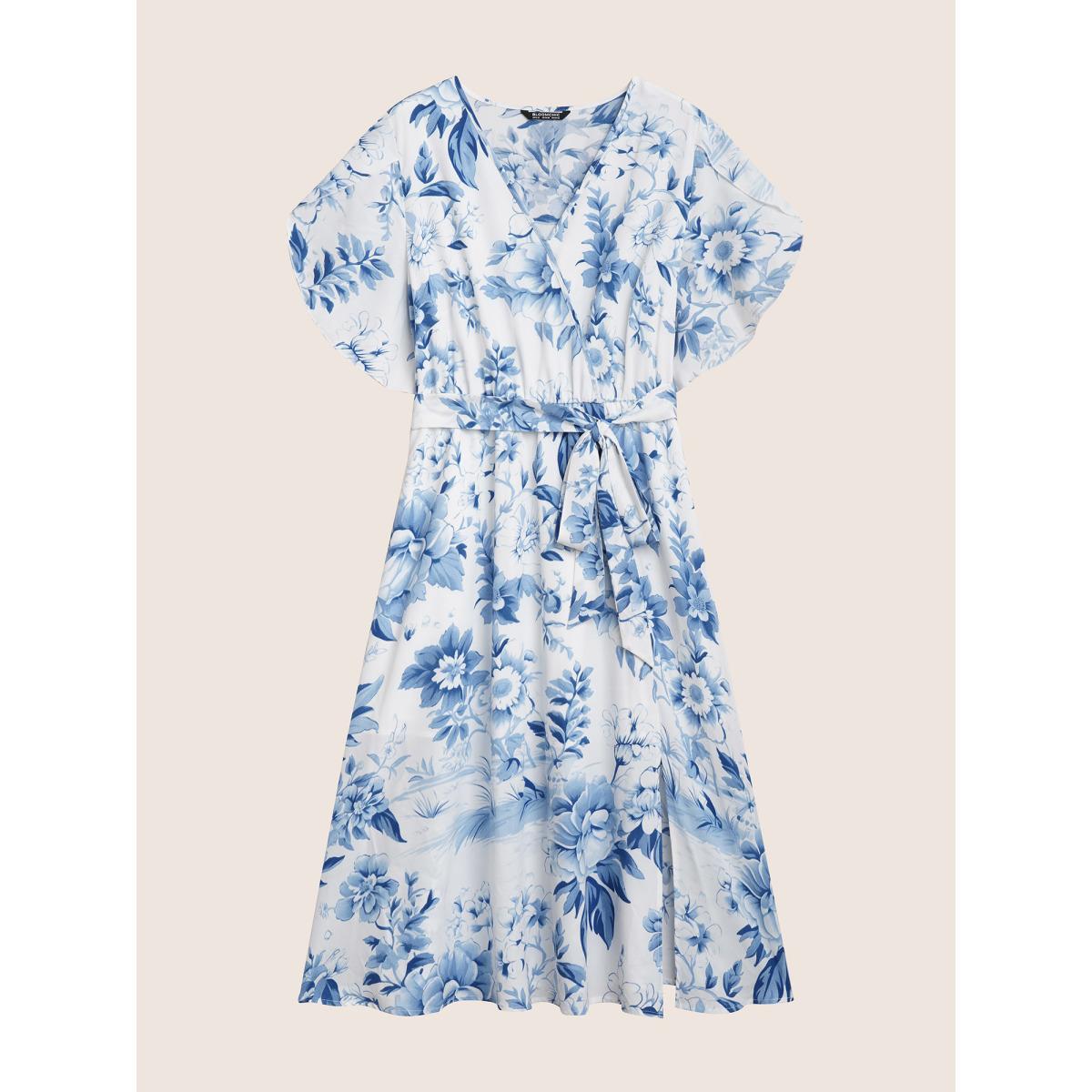 Plus Size Floral Wrap Petal Sleeve Belted Dress Originalwhite Women Elegant Belted Overlap Collar Half Sleeve Curvy BloomChic 28/5X Product Image