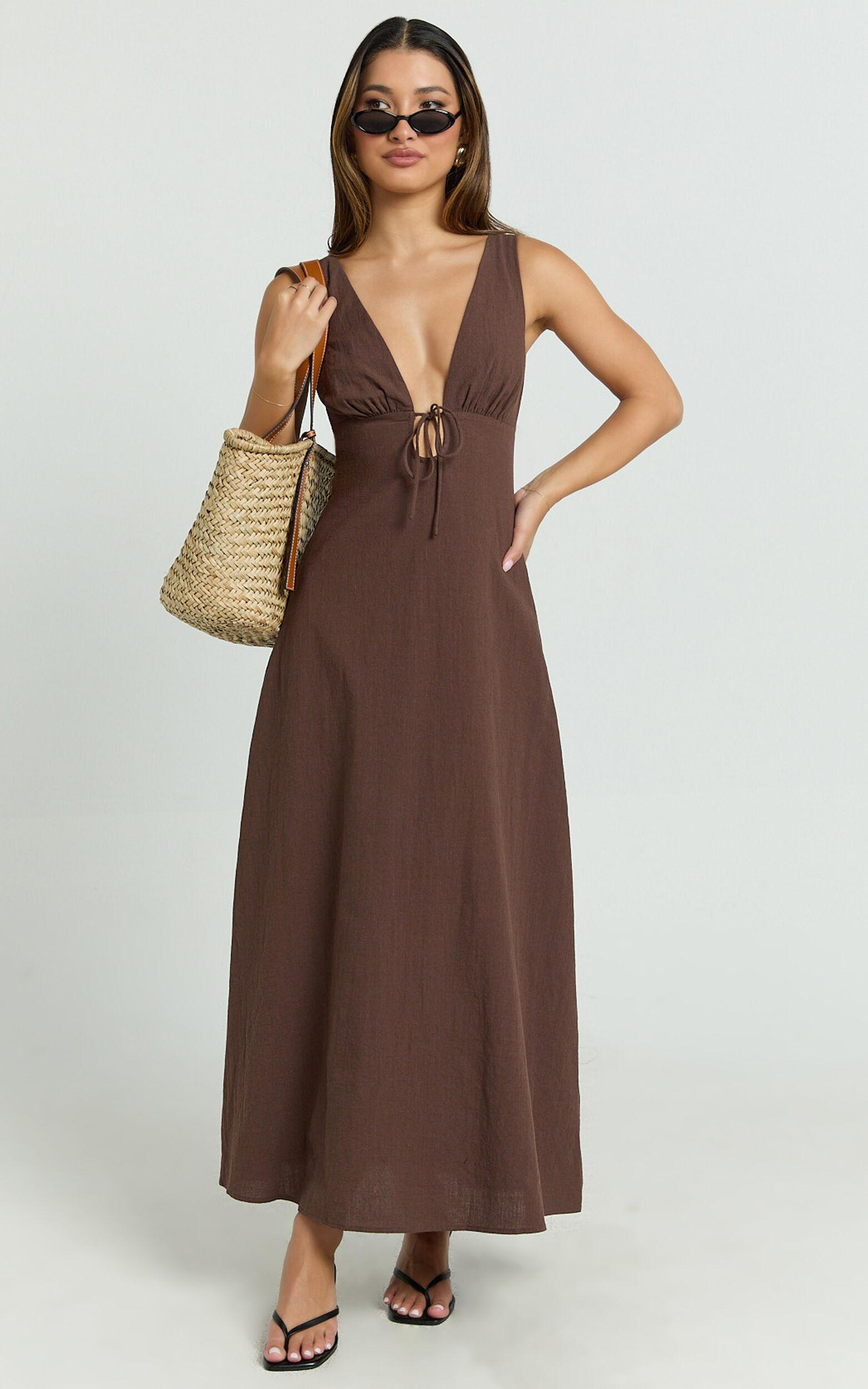 Silvena Midi Dress - Plunge Neckline Tie Front A Line Dress in Chocolate Product Image