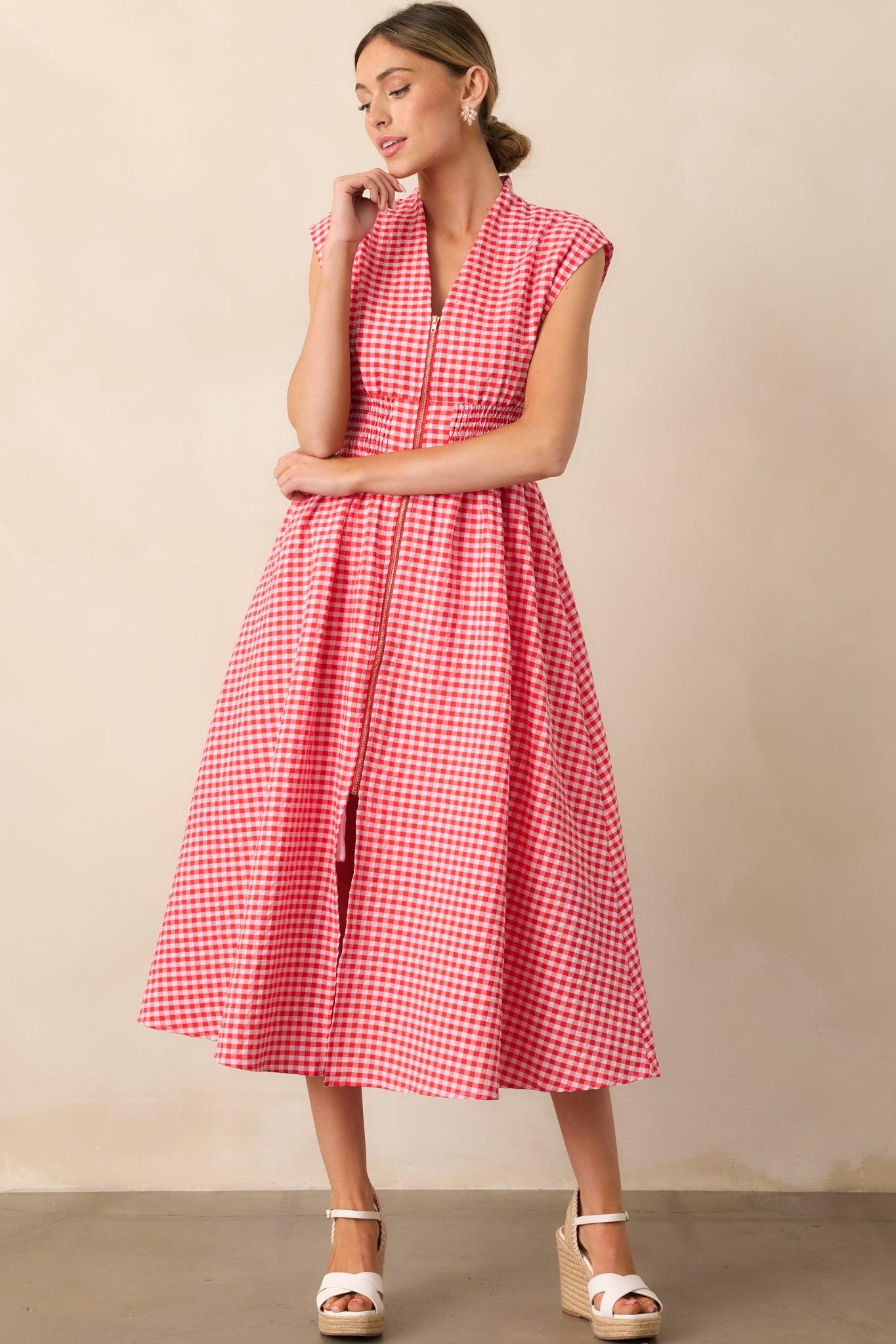 The Evette Red Gingham Zip Front Midi Dress Product Image