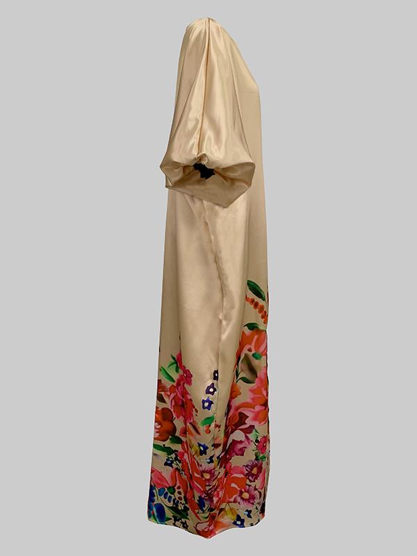 A-Line Half Sleeves Elasticity Flower Print Split-Front V-Neck Maxi Dresses Product Image