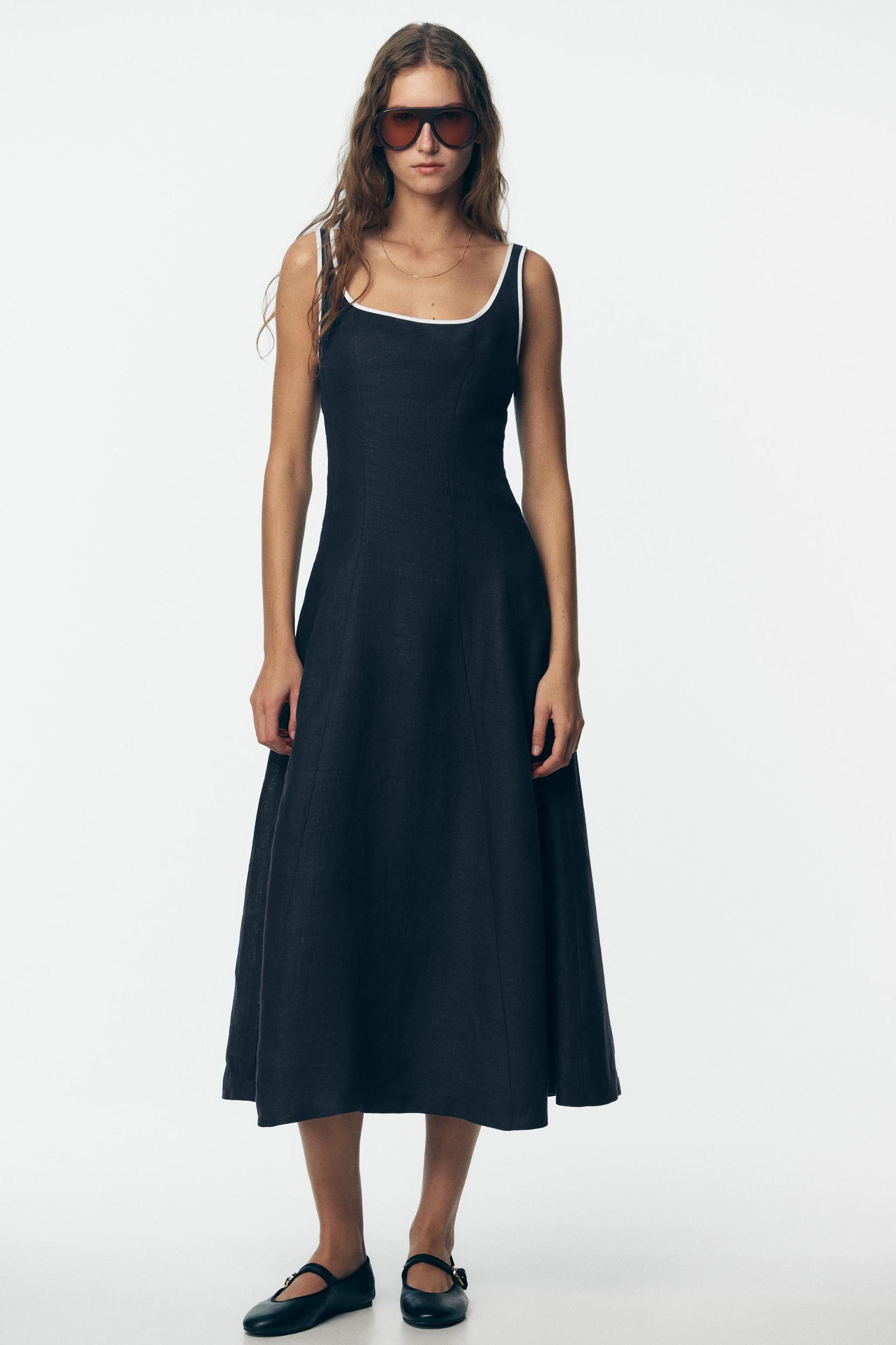 CONTRAST PIPING LINEN MIDI DRESS Product Image