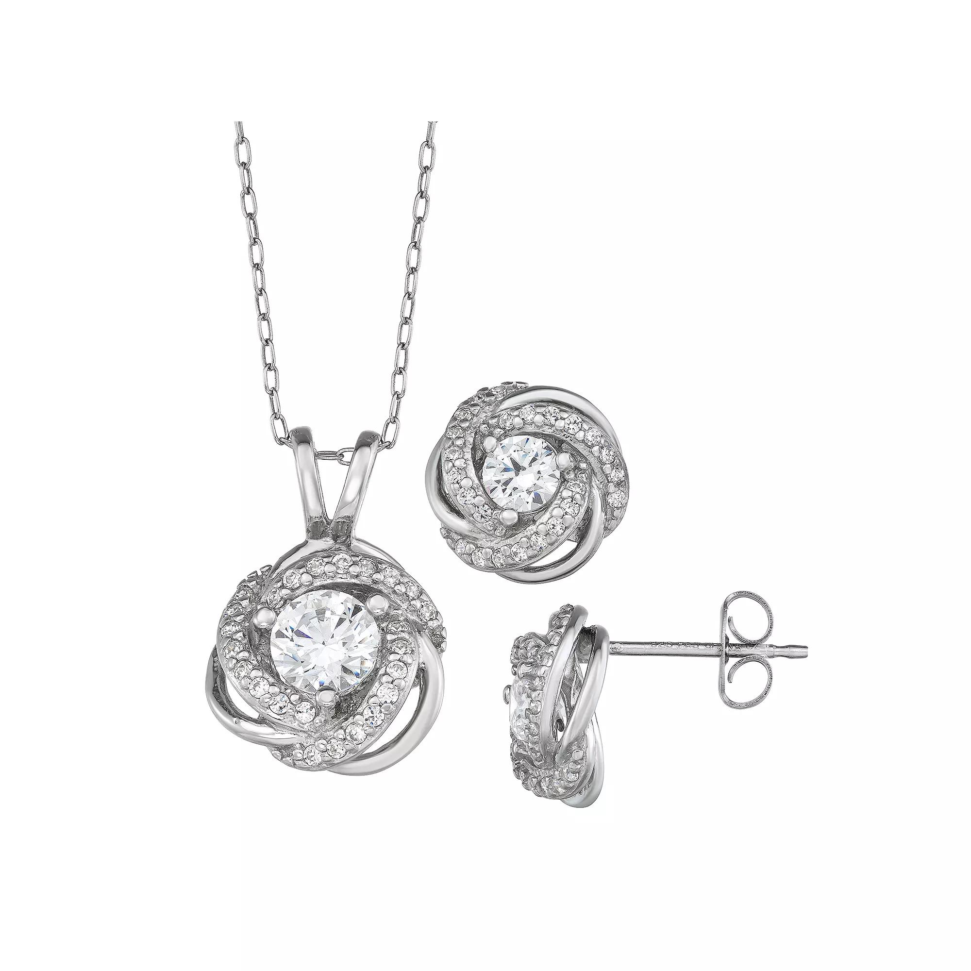 Sterling Silver Cubic Zirconia Love Knot Pendant & Stud Earring Set, Women's, Size: 18" Product Image