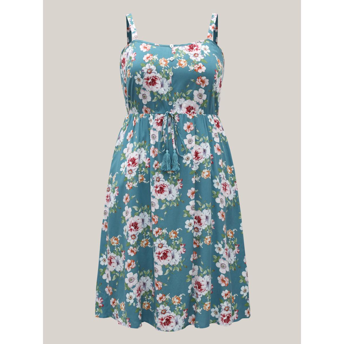 Plus Size Large Floral Print Cinched-Waist Midi Dress Stone Women Square Neck Sleeveless Curvy BloomChic 30/6X Product Image