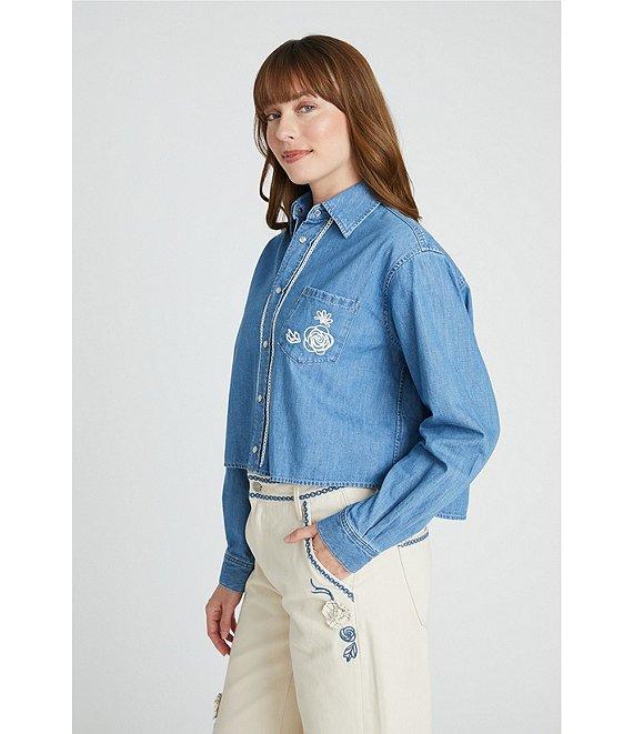 Driftwood Denim Point Collar Long Sleeve Embroidered Floral Applique Shirt Product Image