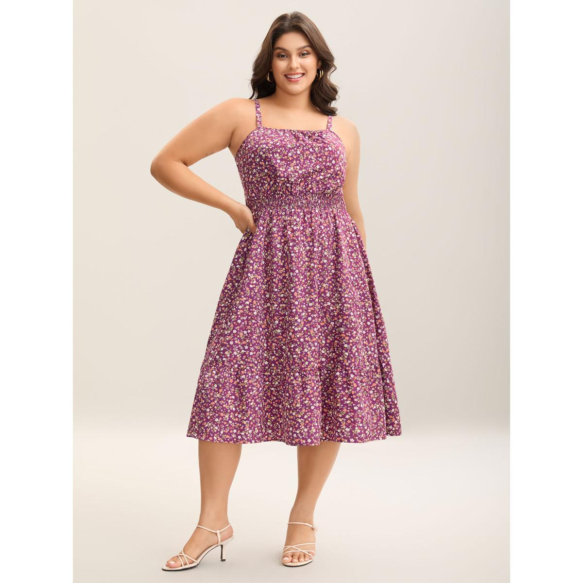 Plus Size Floral Print Shirred Pockets Midi Dress Deeppurplered Women Elegant Shirred Square Neck Sleeveless Curvy BloomChic 30/6X Product Image