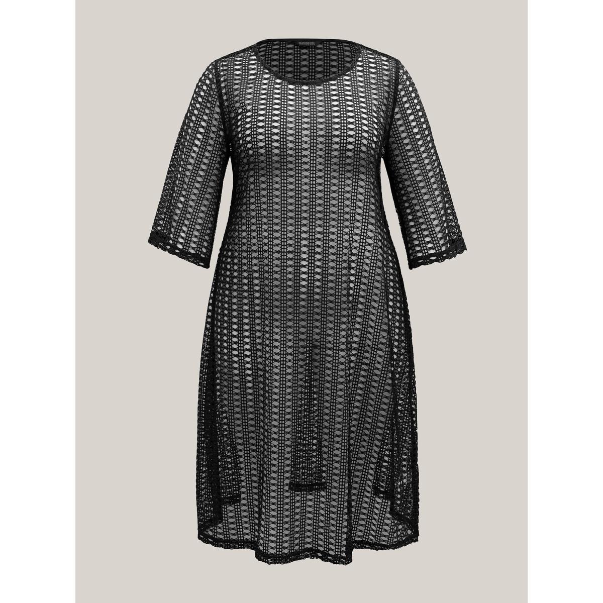 Plus Size Textured Sheer Round Neck Midi Dress Black Women Casual Cut-Out Knit Dresses Bloomchic 18-20/2X Product Image