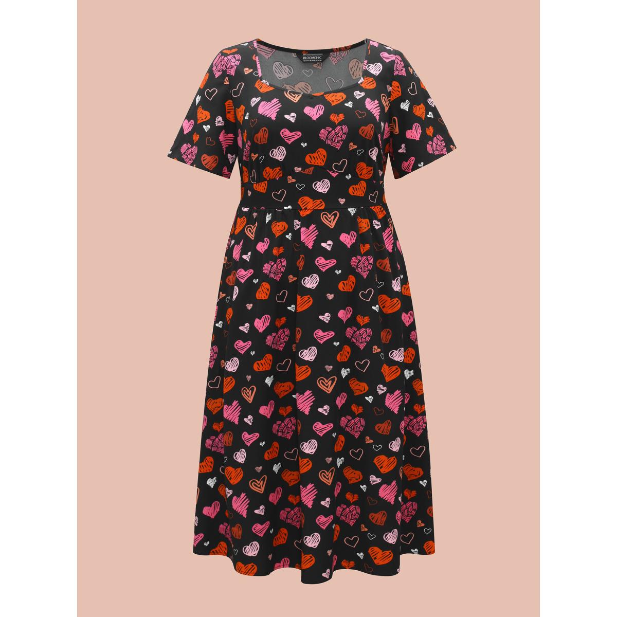 Plus Size Heart Print Ruched Stretchy Waist Dress Black Women Timeless Gathered Heart neckline Short sleeve Curvy BloomChic 28/5X Product Image