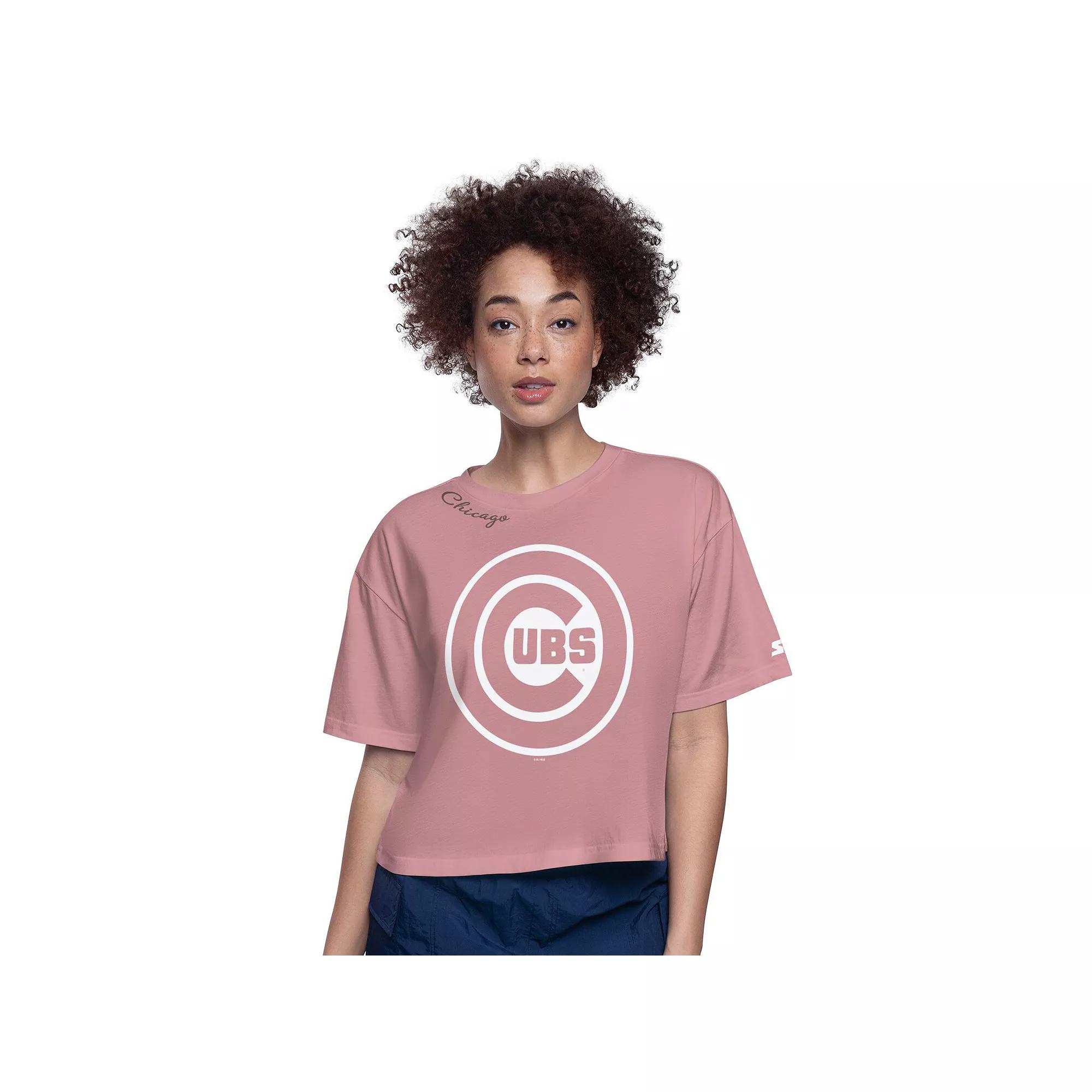 Women's Starter Pink Chicago Cubs Play the Ball Boxy Cropped T-Shirt,  Product Image