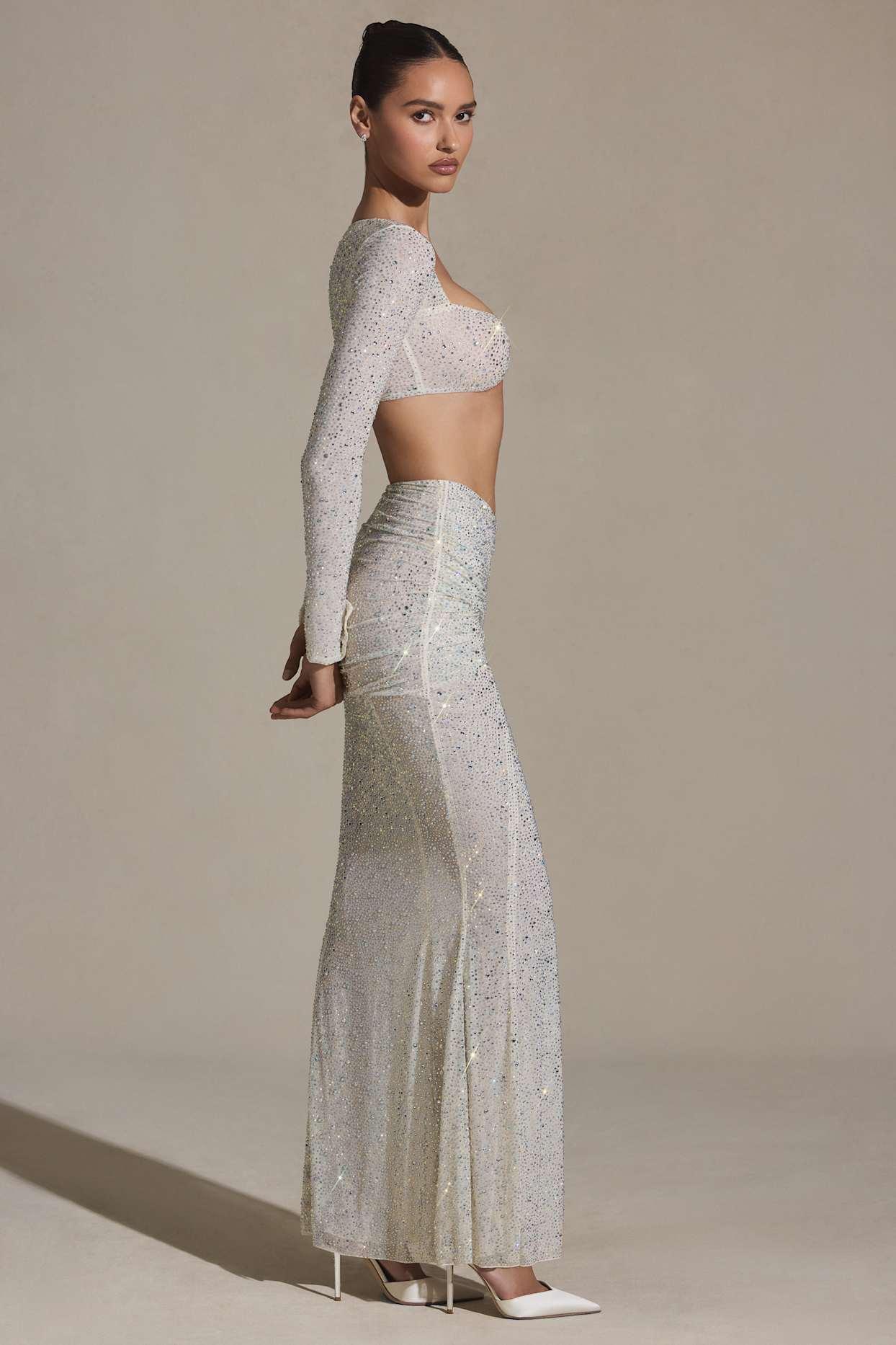 Embellished Ruched Maxi Skirt in White Product Image