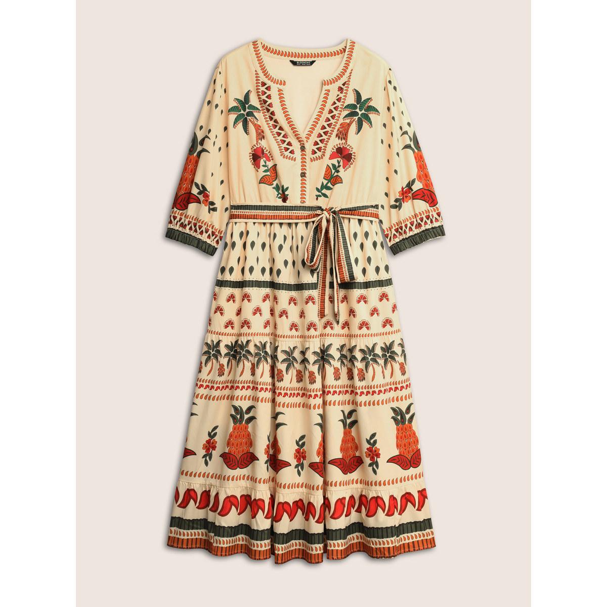 Plus Size Boho Print Notched Collar Patchwork Belted Dress Apricot Women Resort Non Notched collar Elbow-length sleeve Curvy Midi Dress BloomChic 18-20/2X Product Image