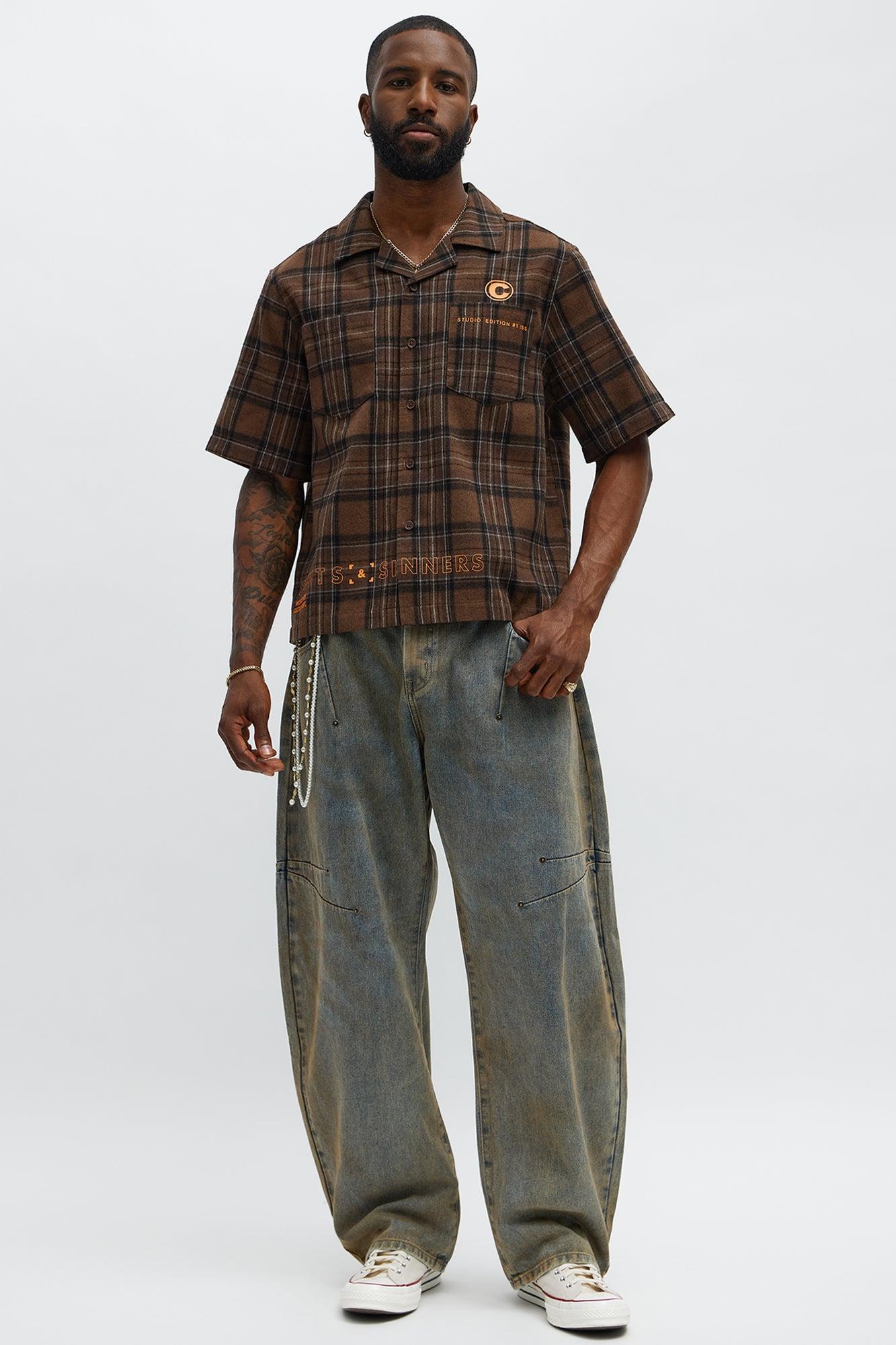 Culture Plaid Cropped Button Up Shirt - Brown Product Image