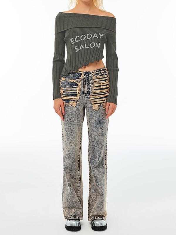 Off Shoulder Print Irregular Hem Sweater Product Image