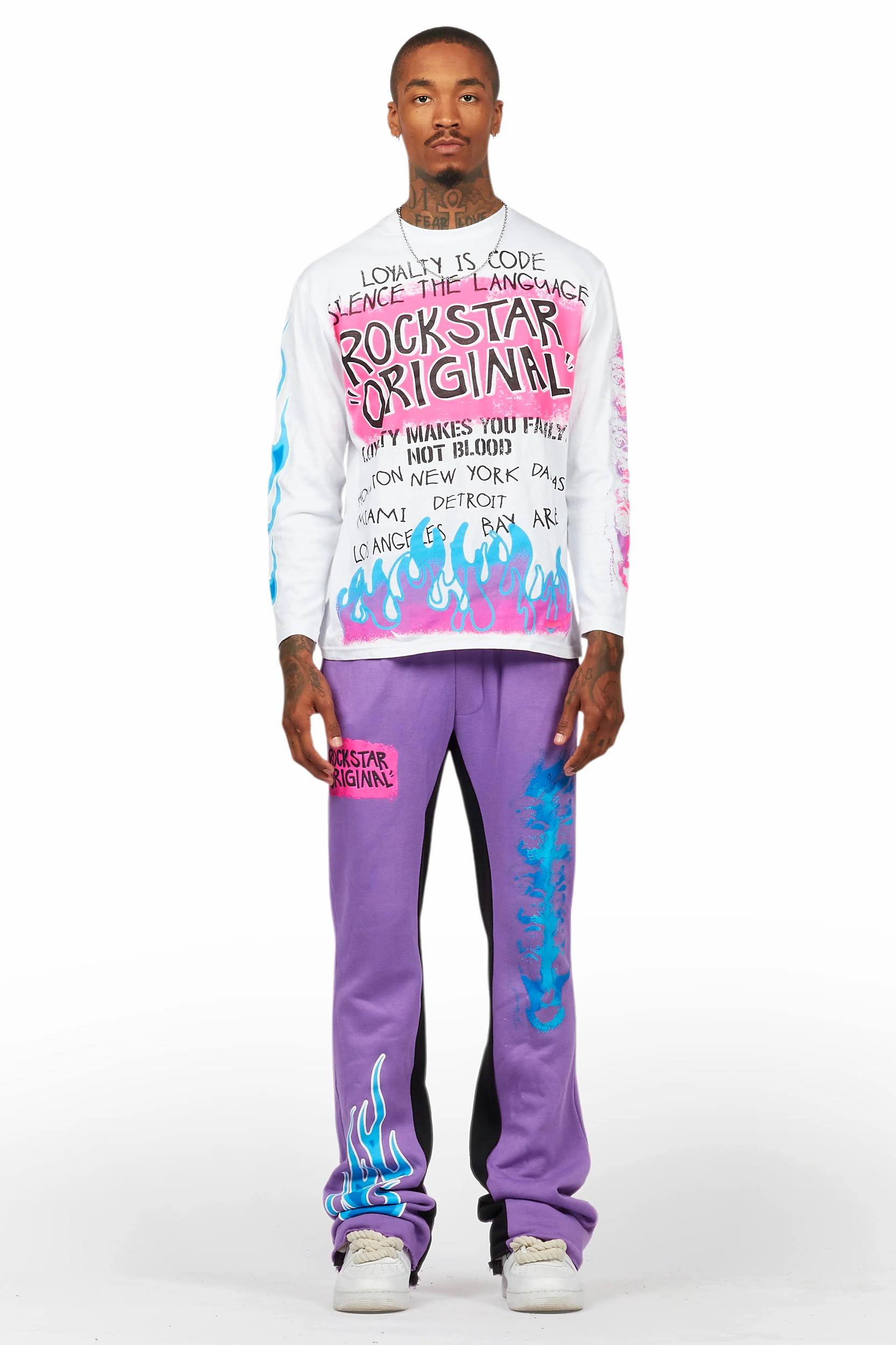 Beno Purple/White Long Sleeve T-Shirt/Baggy Pant Set Male Product Image